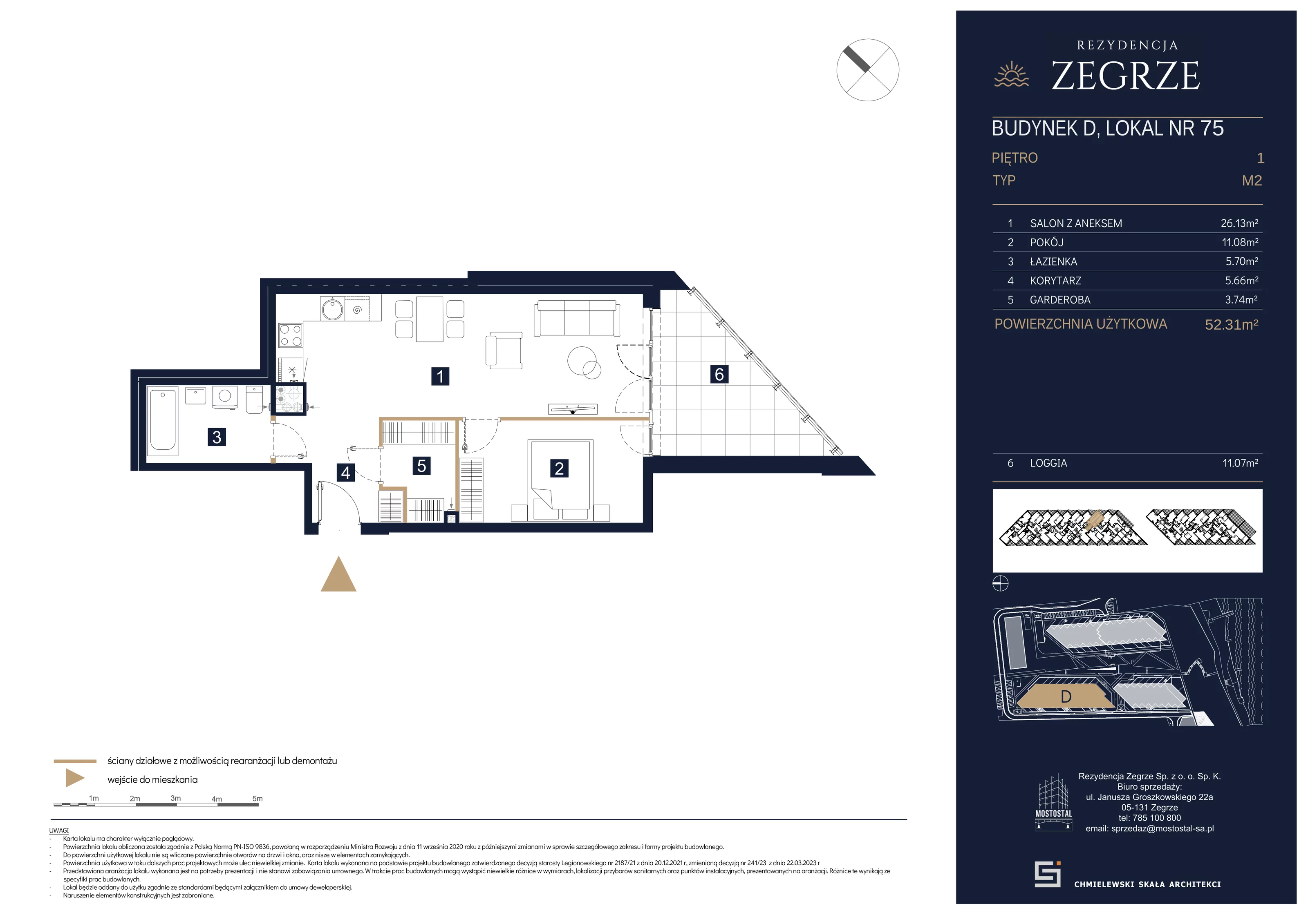2 pokoje, mieszkanie 52,31 m², piętro 1, oferta nr D-C75, Rezydencja Zegrze III, Zegrze, ul. Groszkowskiego 22A