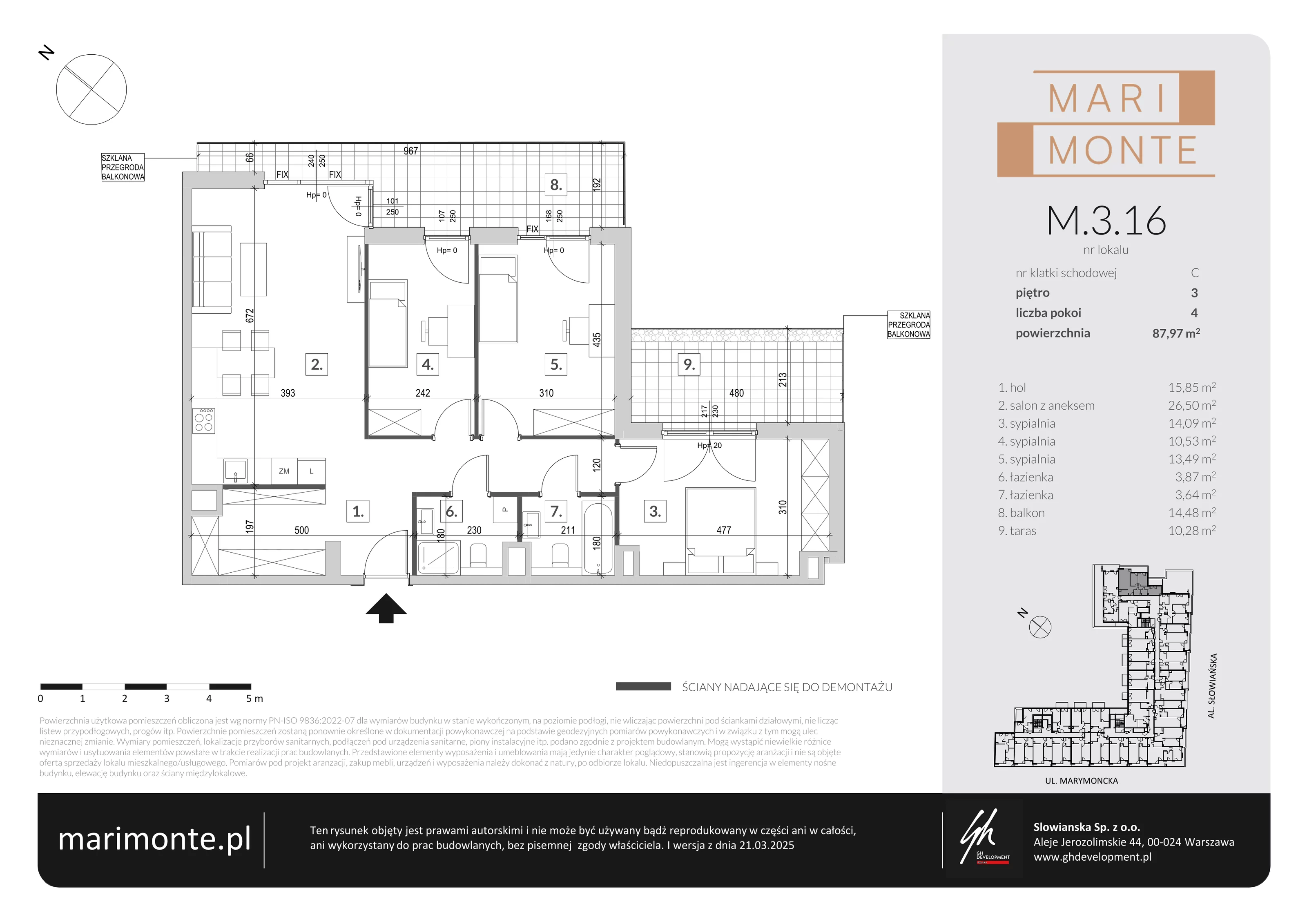 4 pokoje, apartament 87,97 m², piętro 3, oferta nr M.3.16, Marimonte - Apartamenty Mieszkalne, Warszawa, Bielany, Marymont-Kaskada, ul. Marymoncka 4