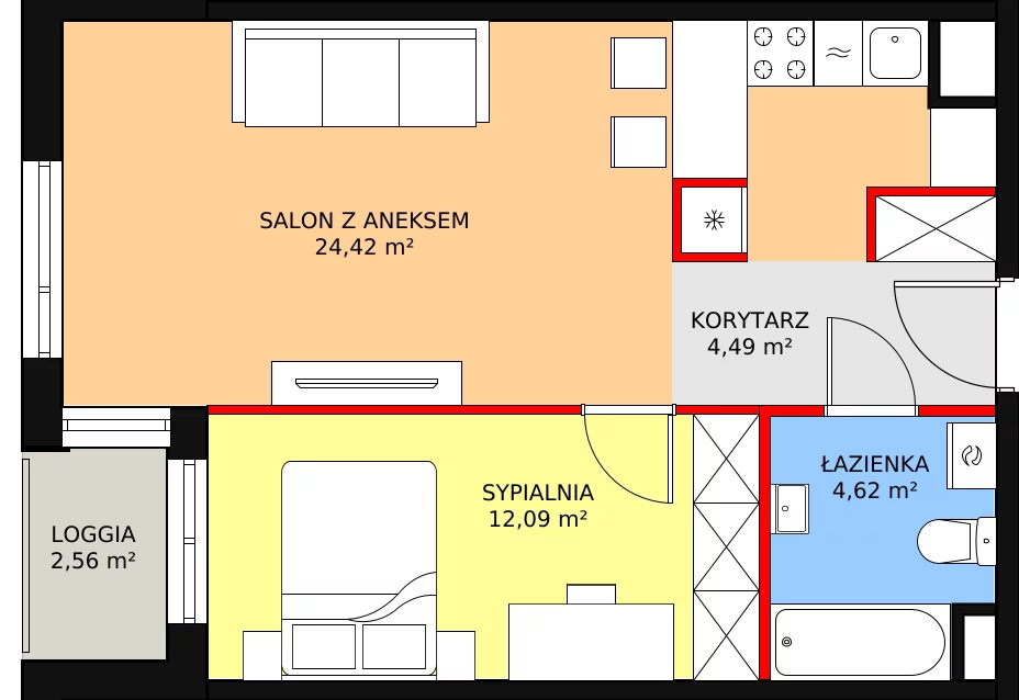 2 pokoje, mieszkanie 45,62 m², piętro 1, oferta nr A.M1.08, Livin' Praga, Warszawa, Praga Północ, Pelcowizna, ul. A. Kotsisa 2