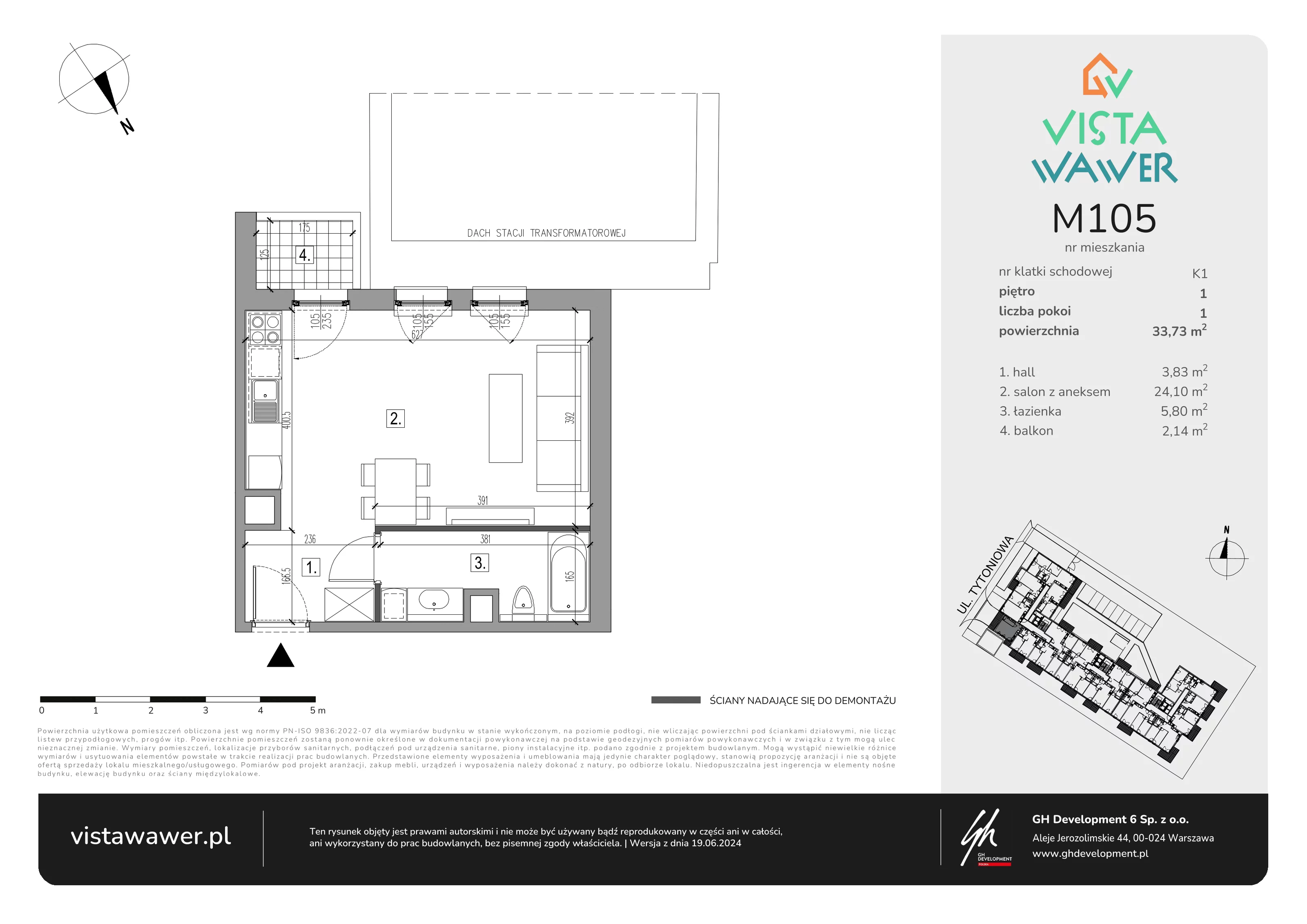 Mieszkanie 33,73 m², piętro 1, oferta nr M105, Vista Wawer, Warszawa, Wawer, Gocławek, ul. Tytoniowa 20