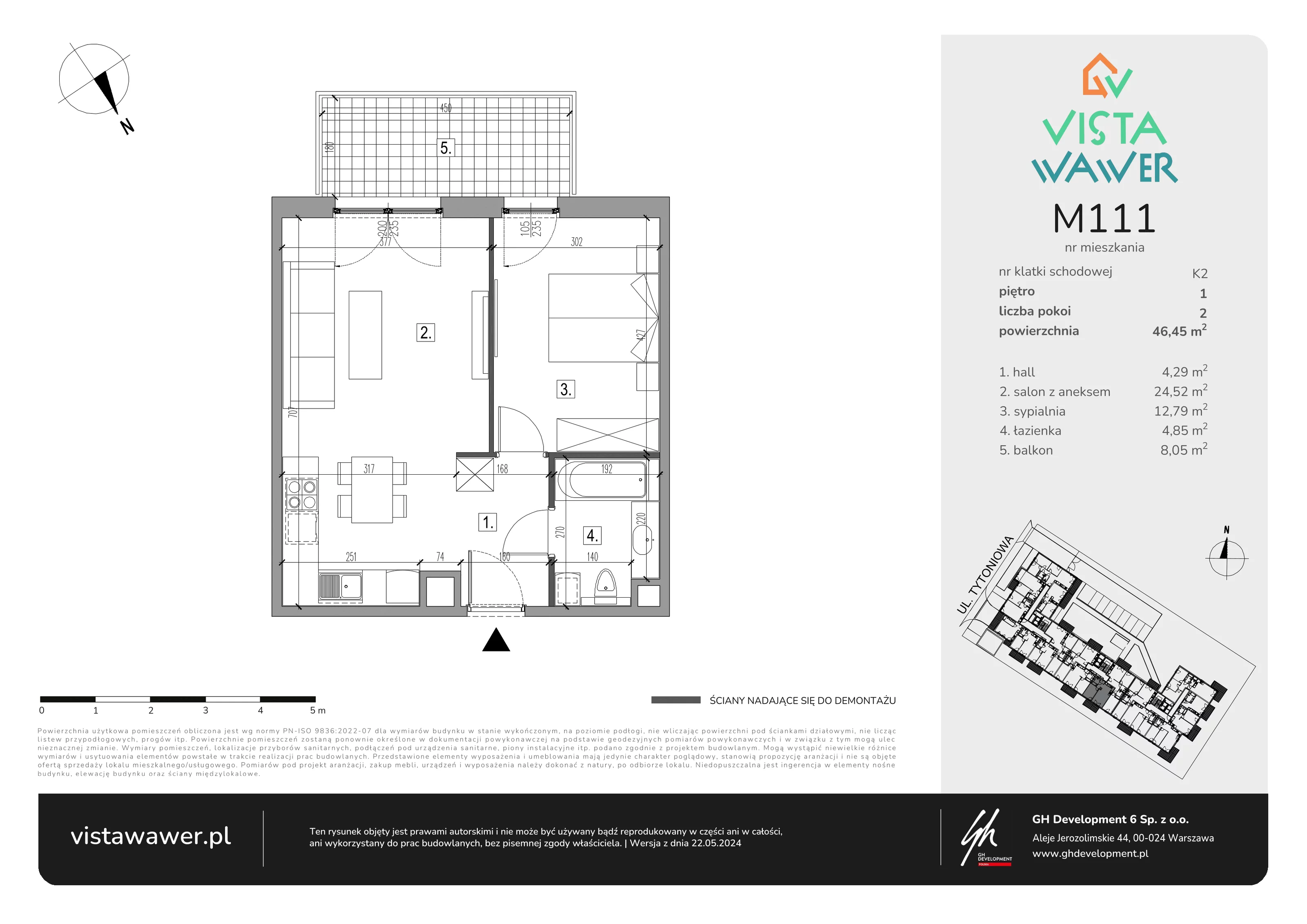 2 pokoje, mieszkanie 46,45 m², piętro 1, oferta nr M111, Vista Wawer, Warszawa, Wawer, Gocławek, ul. Tytoniowa 20