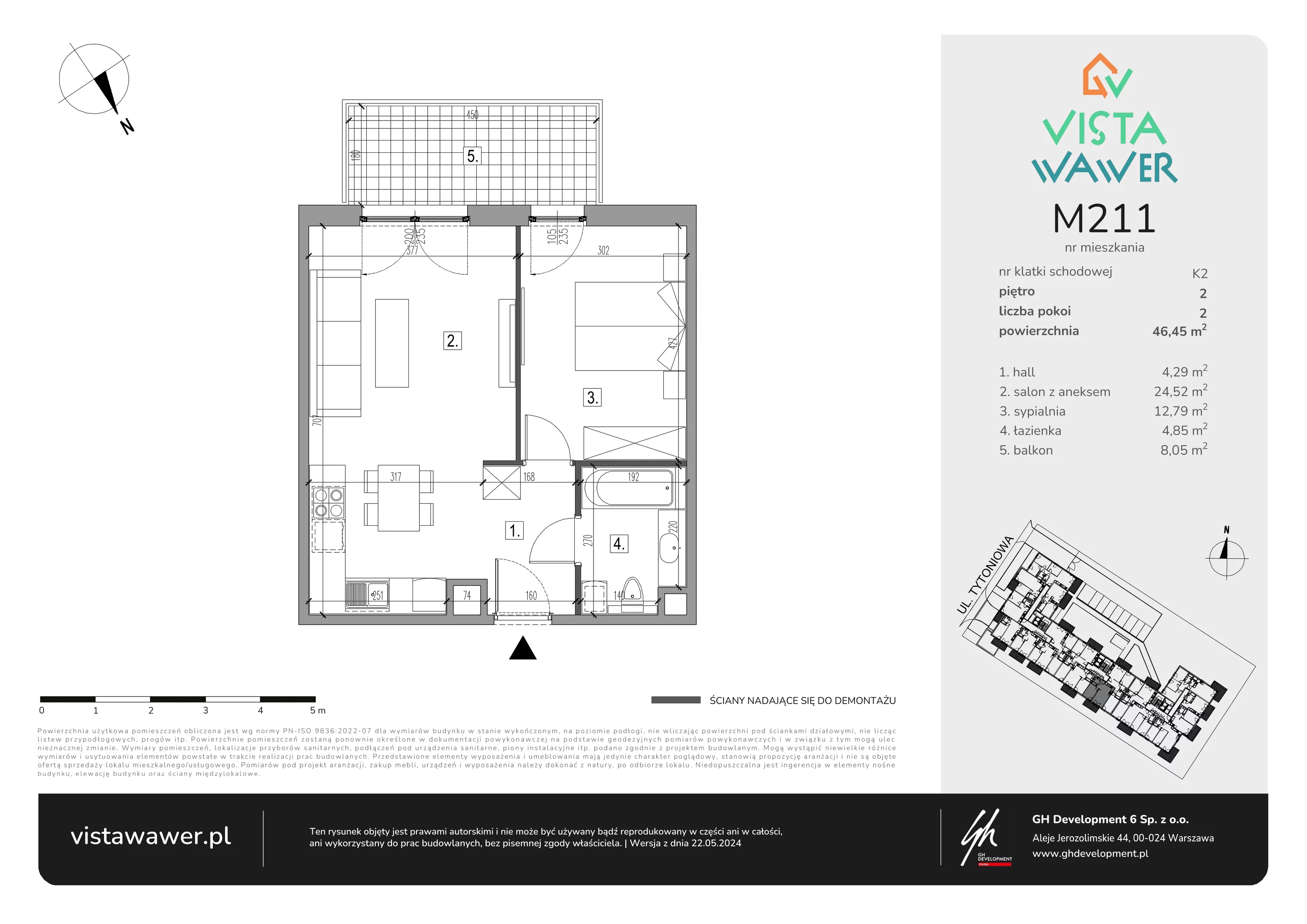 Mieszkanie 46,45 m², piętro 2, oferta nr M211, Vista Wawer, Warszawa, Wawer, Gocławek, ul. Tytoniowa 20