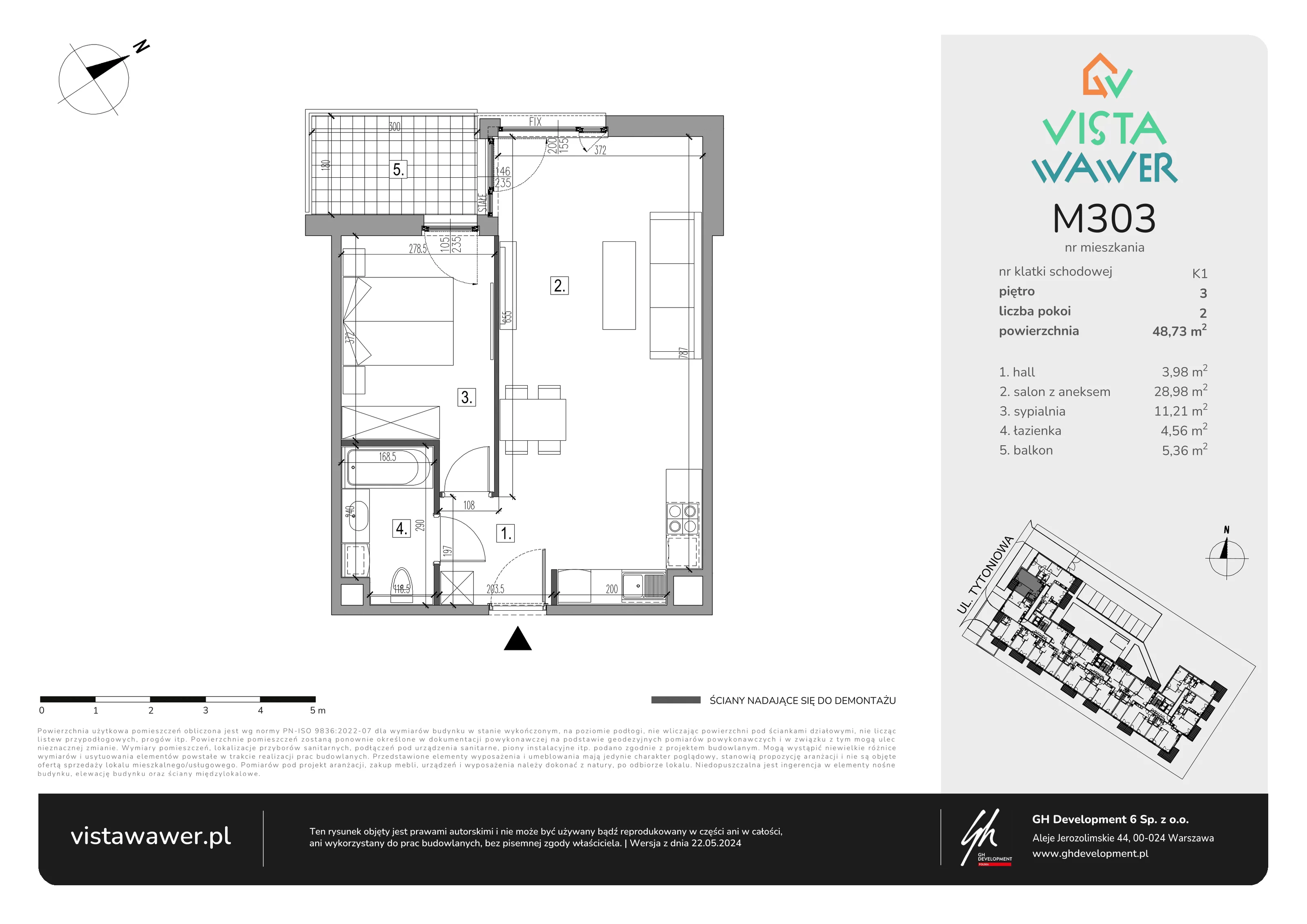 2 pokoje, mieszkanie 48,73 m², piętro 3, oferta nr M303, Vista Wawer, Warszawa, Wawer, Gocławek, ul. Tytoniowa 20