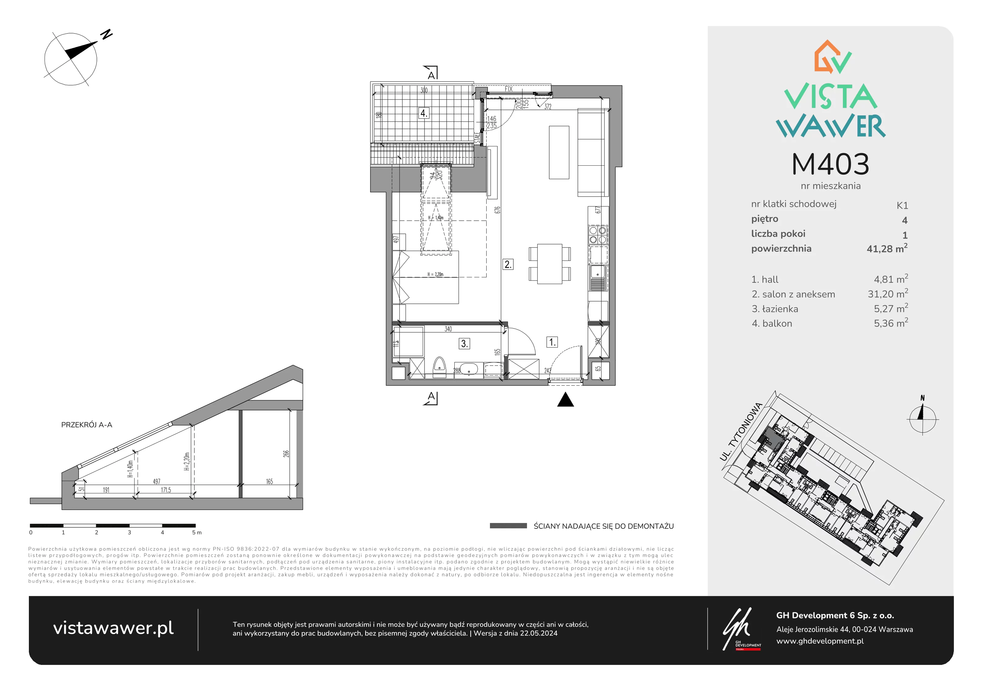 1 pokój, mieszkanie 41,28 m², piętro 4, oferta nr M403, Vista Wawer, Warszawa, Wawer, Gocławek, ul. Tytoniowa 20