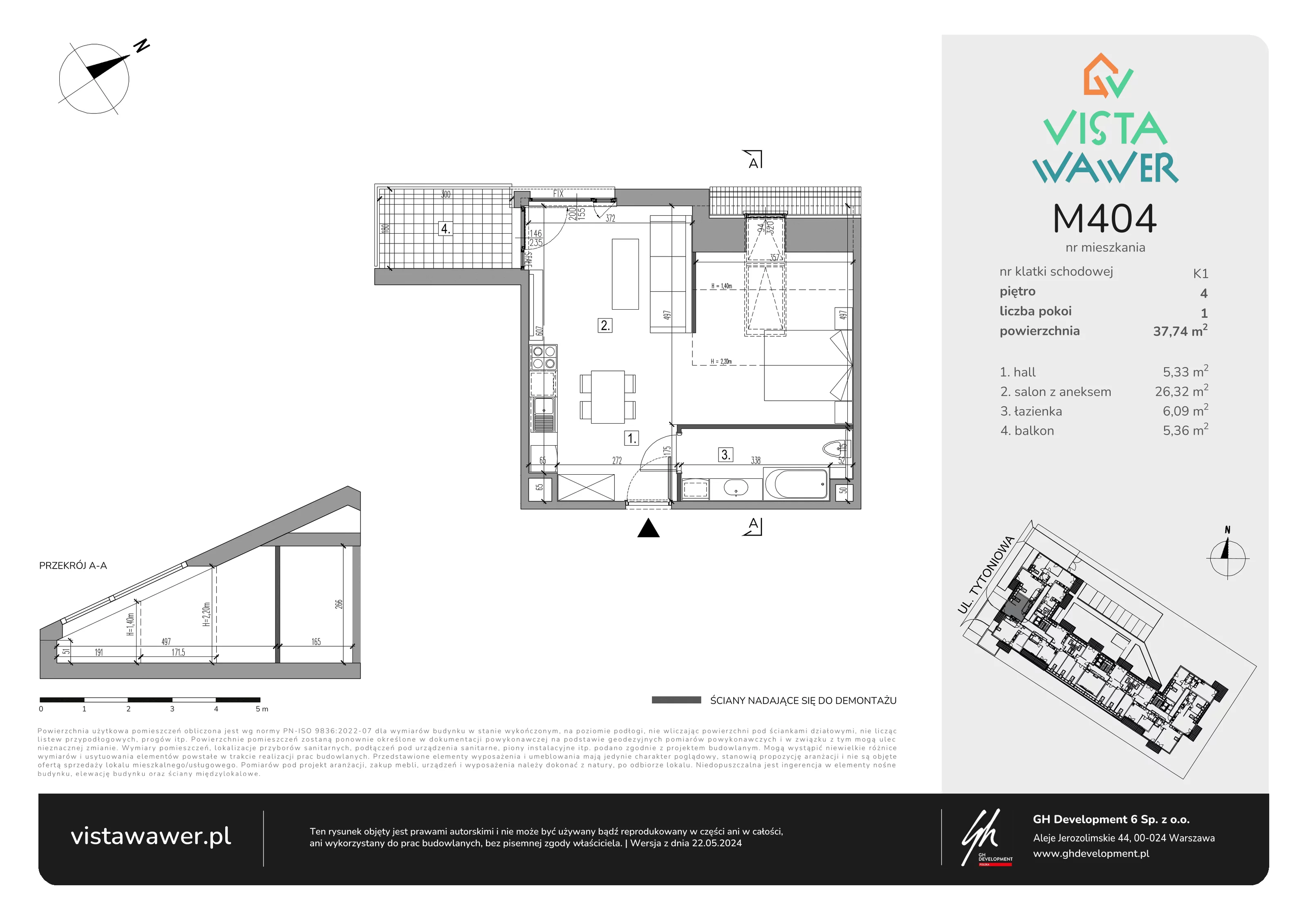 Mieszkanie 37,74 m², piętro 4, oferta nr M404, Vista Wawer, Warszawa, Wawer, Gocławek, ul. Tytoniowa 20