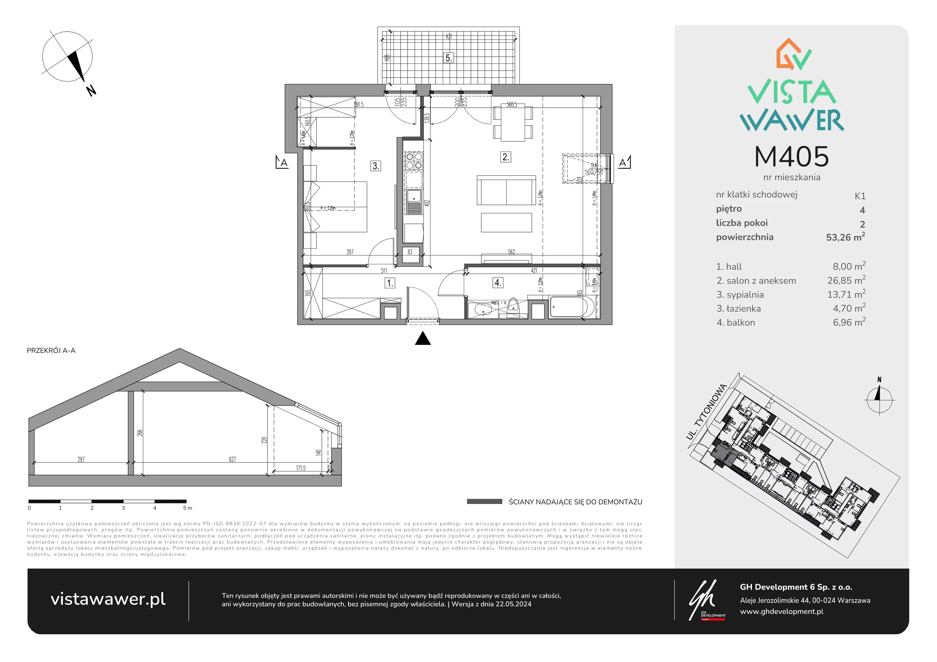 2 pokoje, mieszkanie 53,26 m², piętro 4, oferta nr M405, Vista Wawer, Warszawa, Wawer, Gocławek, ul. Tytoniowa 20