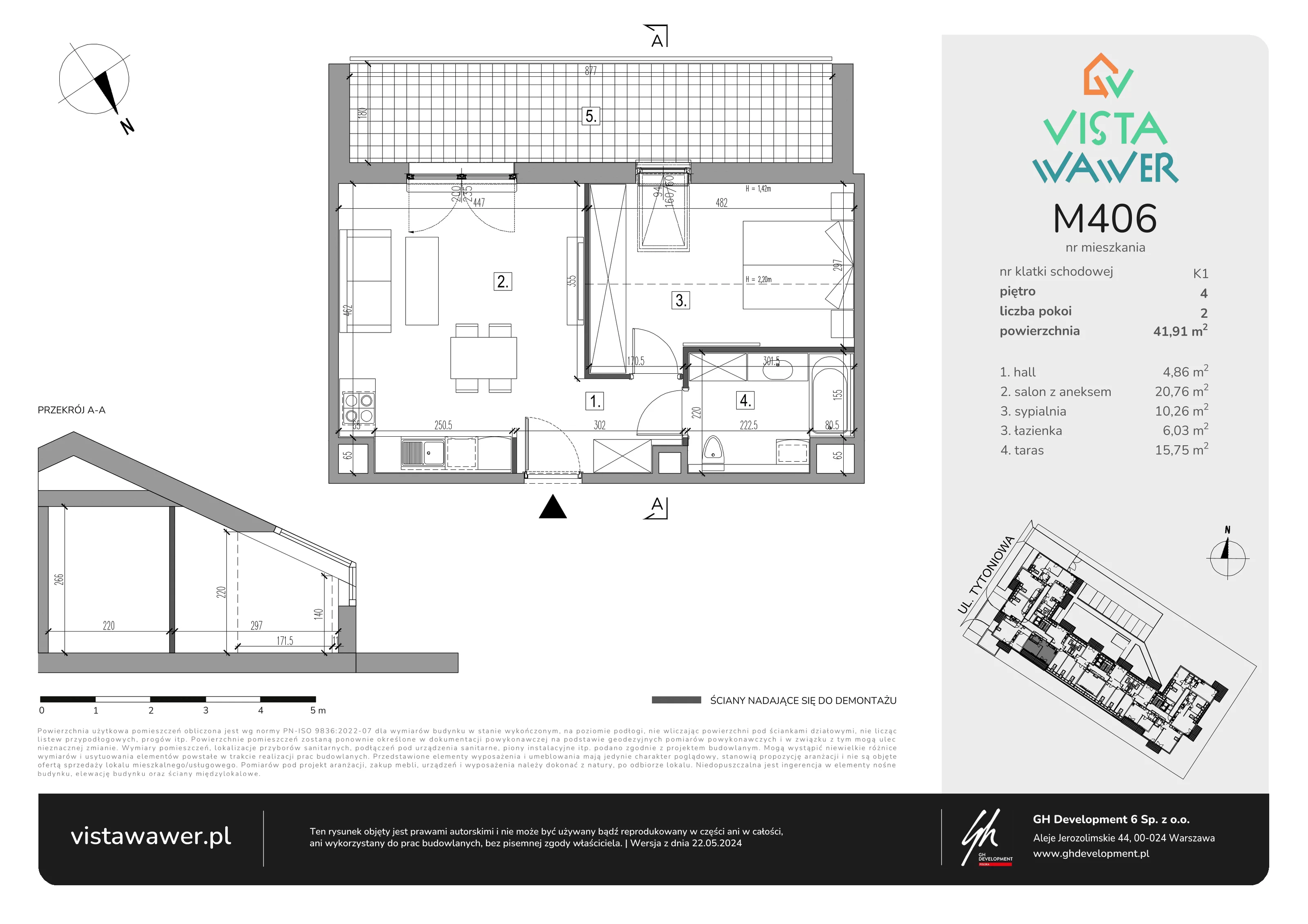 Mieszkanie 41,91 m², piętro 4, oferta nr M406, Vista Wawer, Warszawa, Wawer, Gocławek, ul. Tytoniowa 20