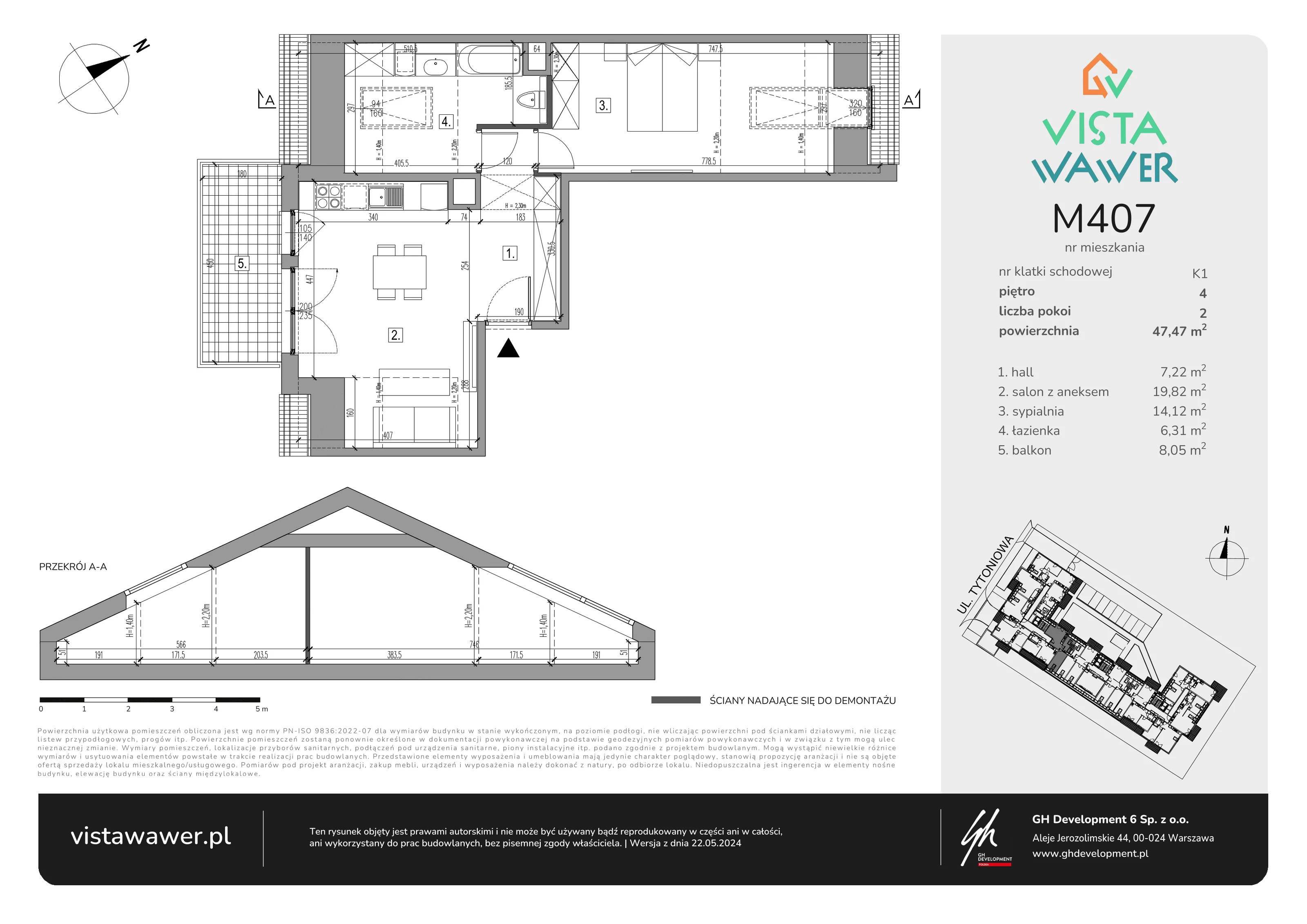 Mieszkanie 47,47 m², piętro 4, oferta nr M407, Vista Wawer, Warszawa, Wawer, Gocławek, ul. Tytoniowa 20