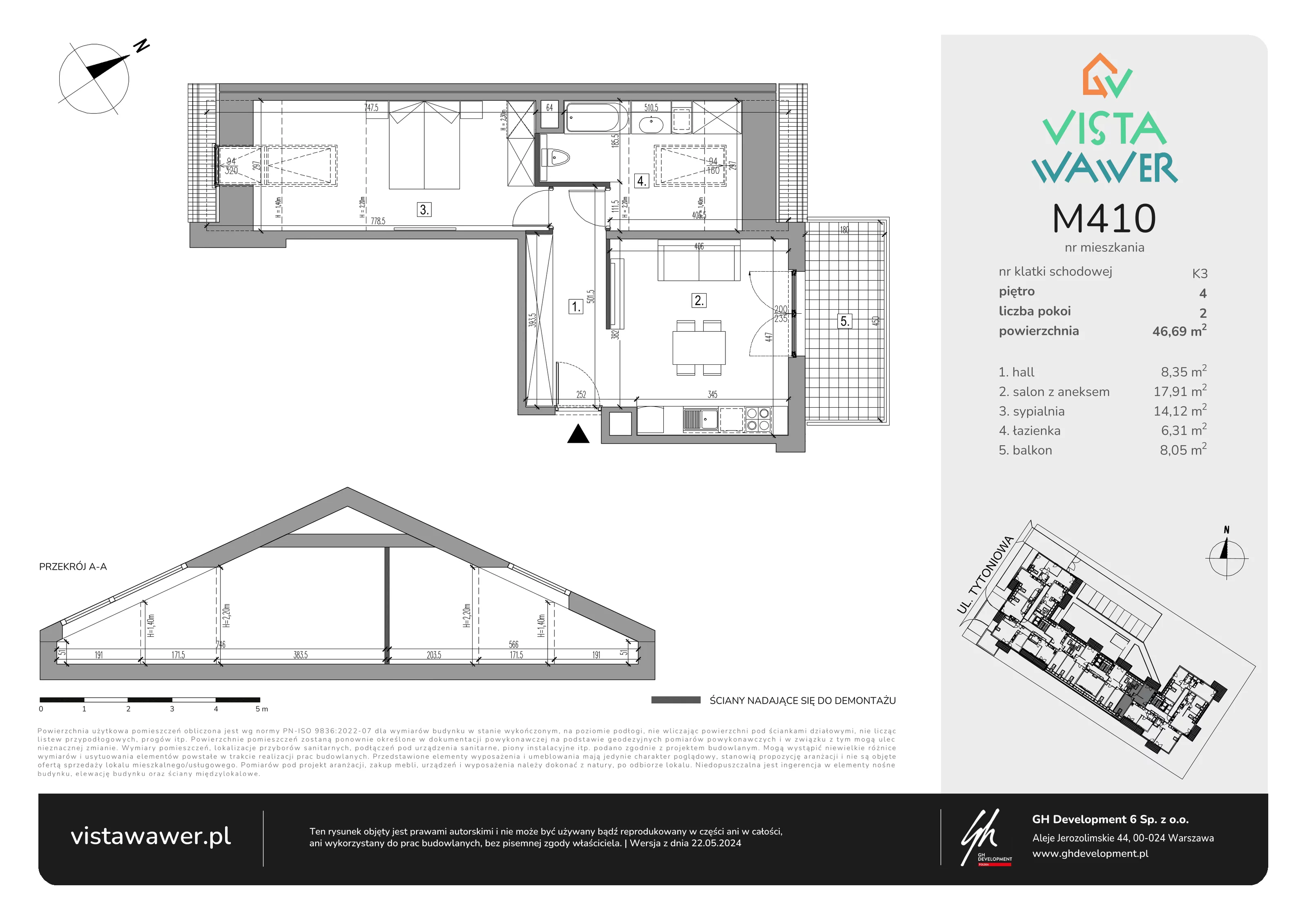 Mieszkanie 46,69 m², piętro 4, oferta nr M410, Vista Wawer, Warszawa, Wawer, Gocławek, ul. Tytoniowa 20