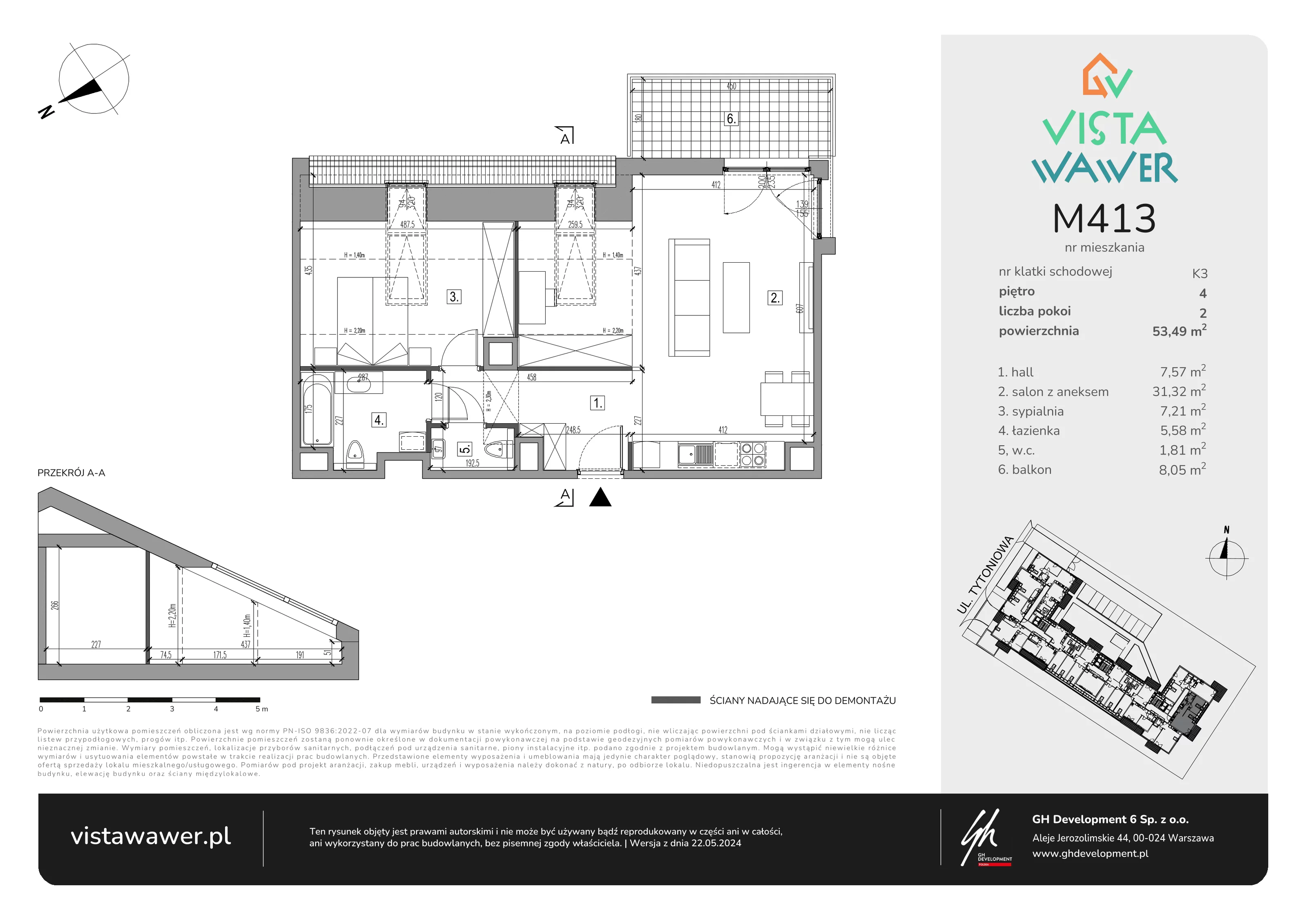 2 pokoje, mieszkanie 53,49 m², piętro 4, oferta nr M413, Vista Wawer, Warszawa, Wawer, Gocławek, ul. Tytoniowa 20