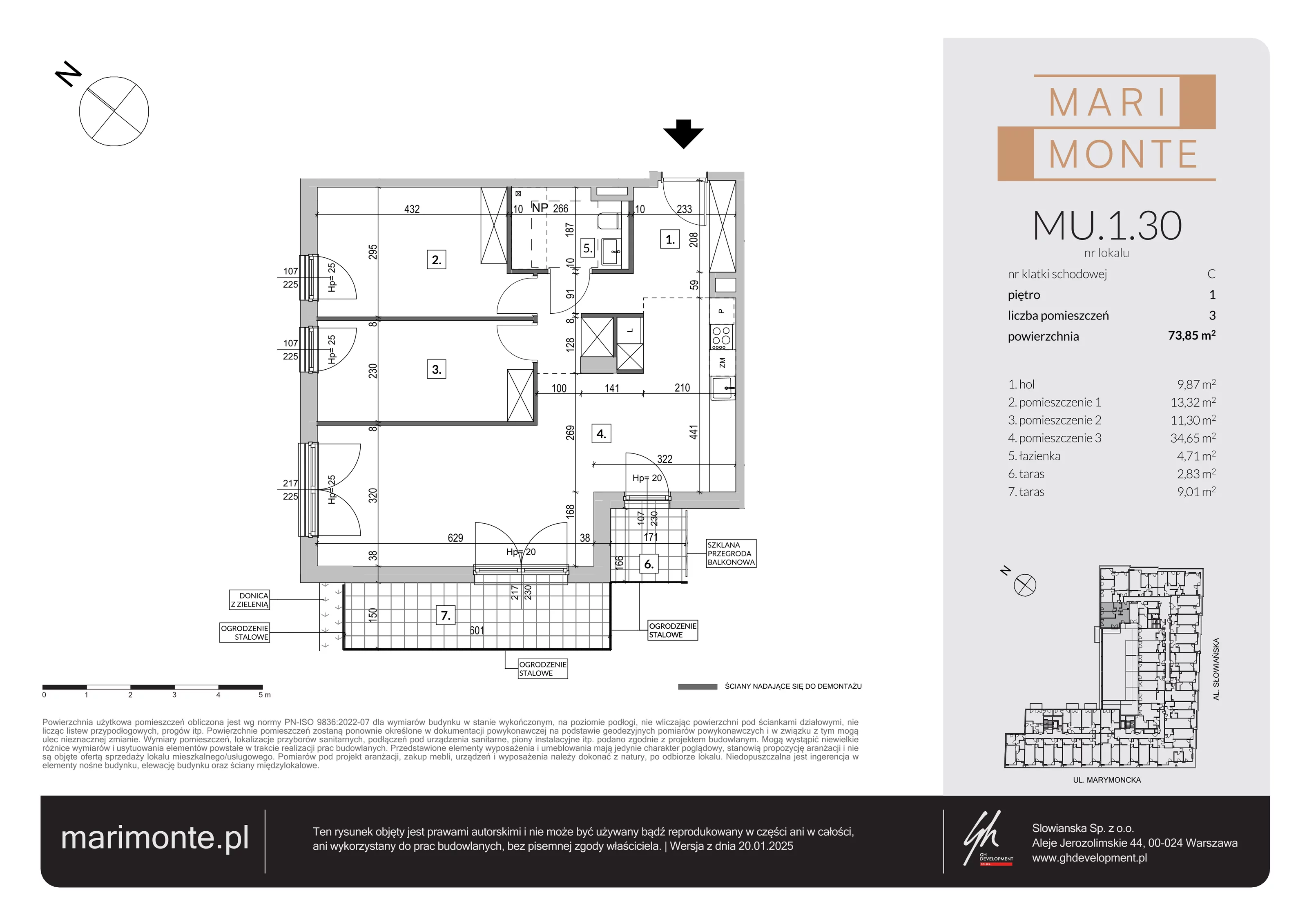 3 pokoje, apartament inwestycyjny 73,85 m², piętro 1, oferta nr MU.1.30, Marimonte, Warszawa, Bielany, Marymont-Kaskada, ul. Marymoncka 4