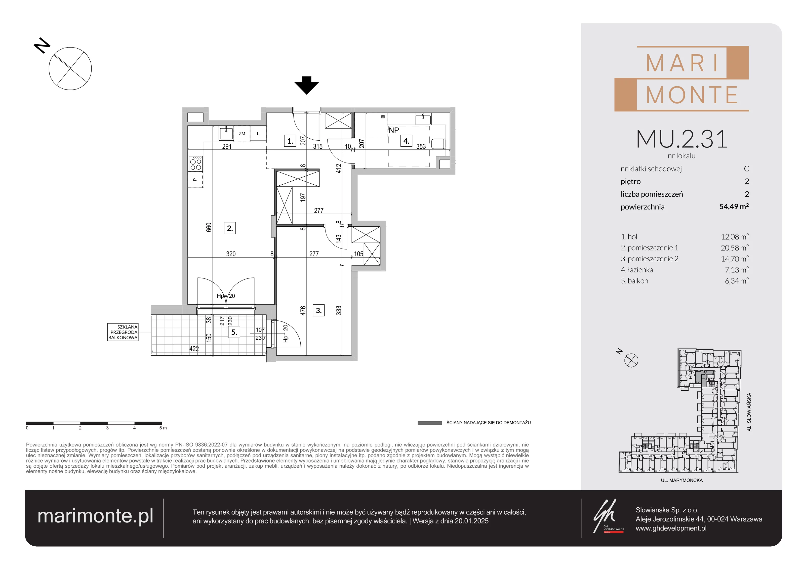 2 pokoje, apartament inwestycyjny 54,49 m², piętro 2, oferta nr MU.2.31, Marimonte, Warszawa, Bielany, Marymont-Kaskada, ul. Marymoncka 4
