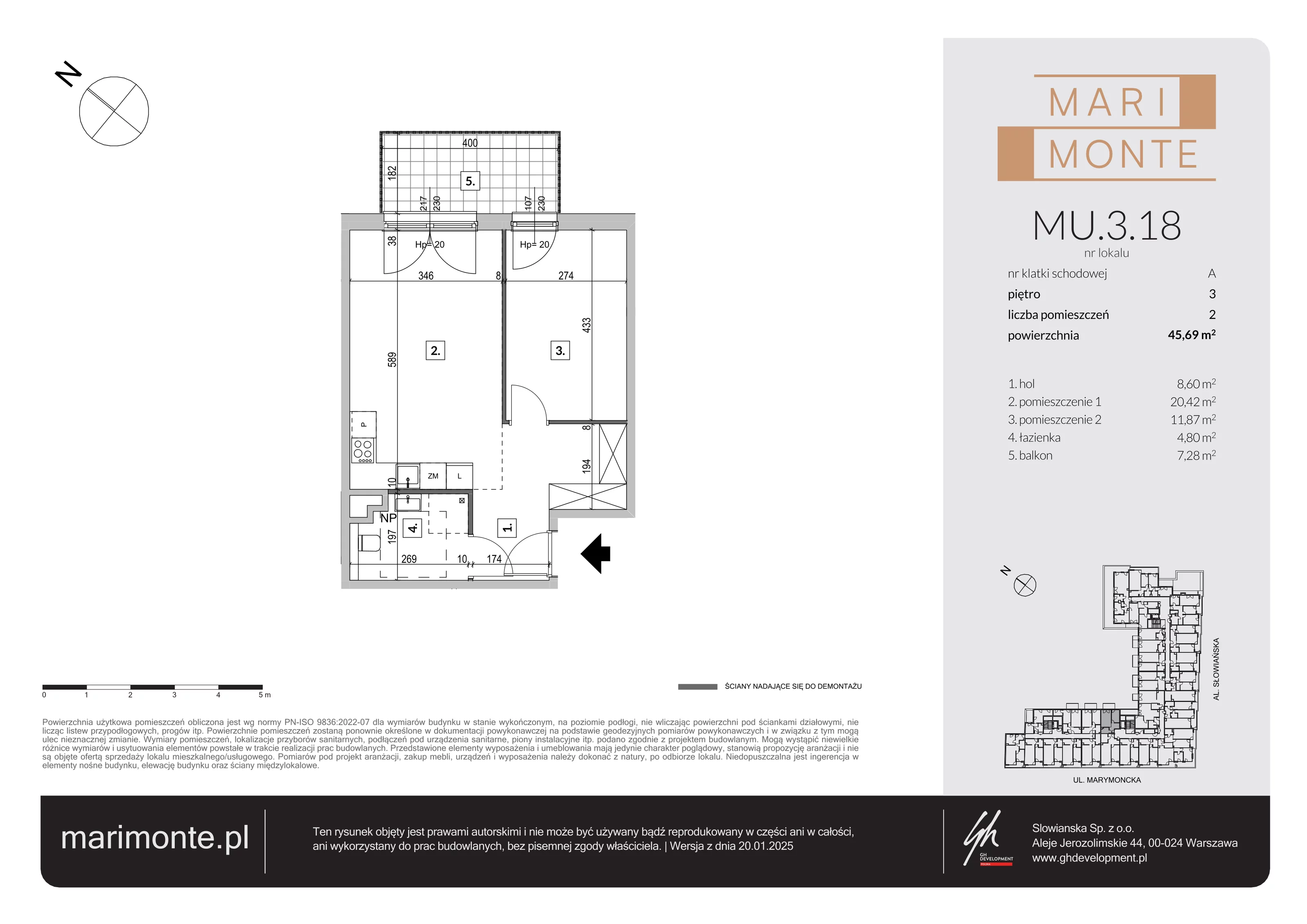 2 pokoje, apartament inwestycyjny 45,69 m², piętro 3, oferta nr MU.3.18, Marimonte, Warszawa, Bielany, Marymont-Kaskada, ul. Marymoncka 4
