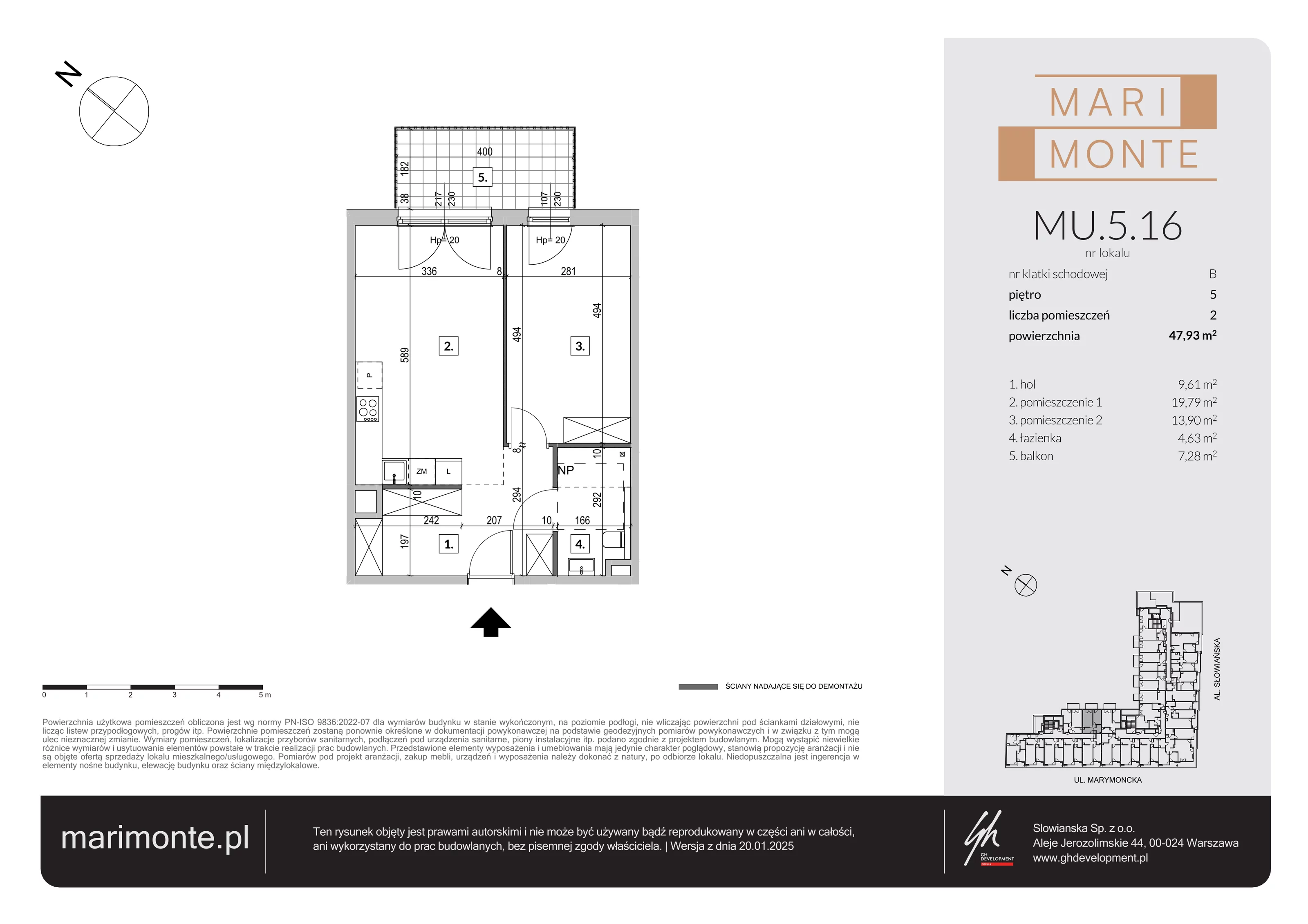 2 pokoje, apartament inwestycyjny 47,93 m², piętro 5, oferta nr MU.5.16, Marimonte, Warszawa, Bielany, Marymont-Kaskada, ul. Marymoncka 4