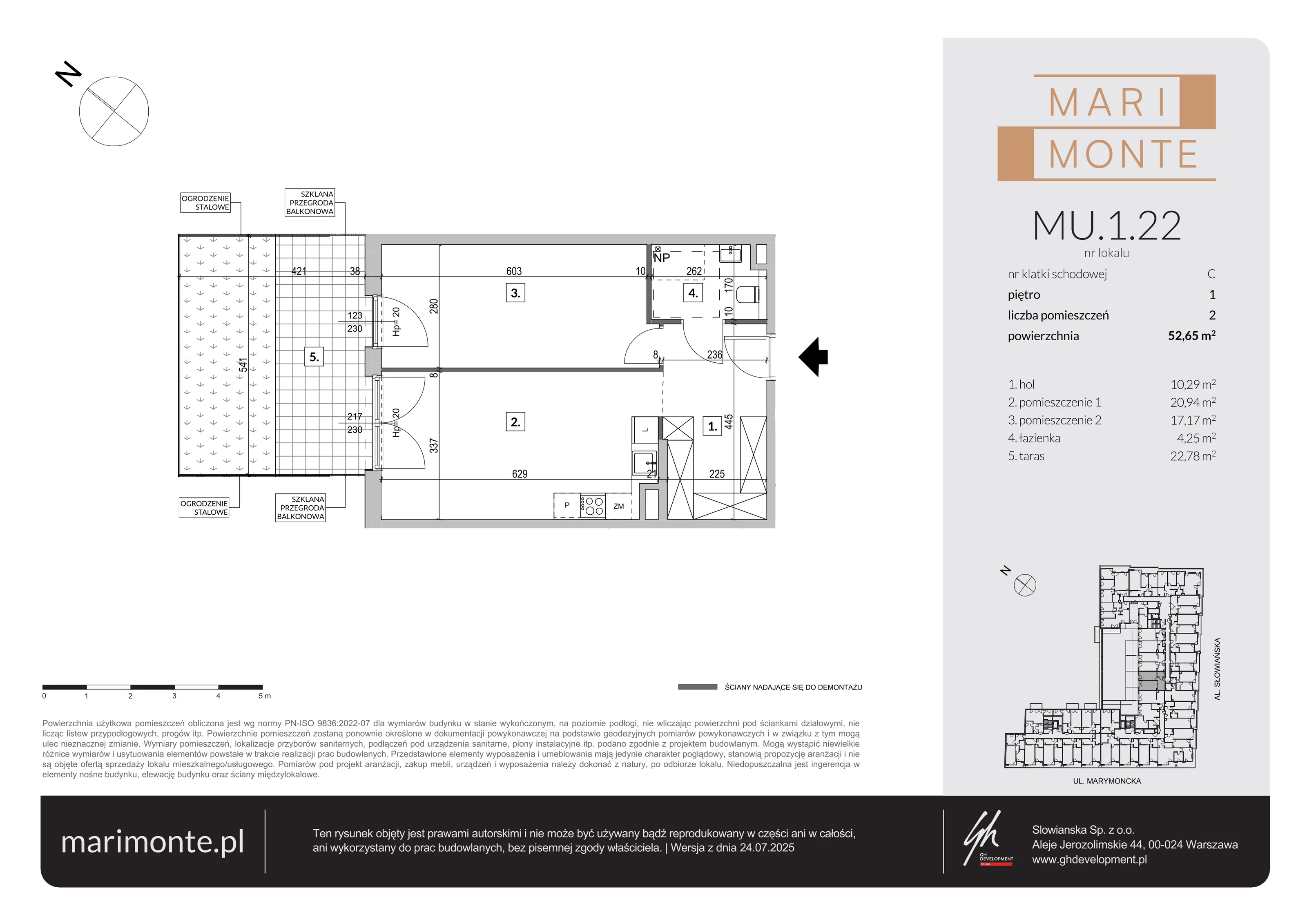 2 pokoje, apartament inwestycyjny 52,65 m², piętro 1, oferta nr MU.1.22, Marimonte, Warszawa, Bielany, Marymont-Kaskada, ul. Marymoncka 4