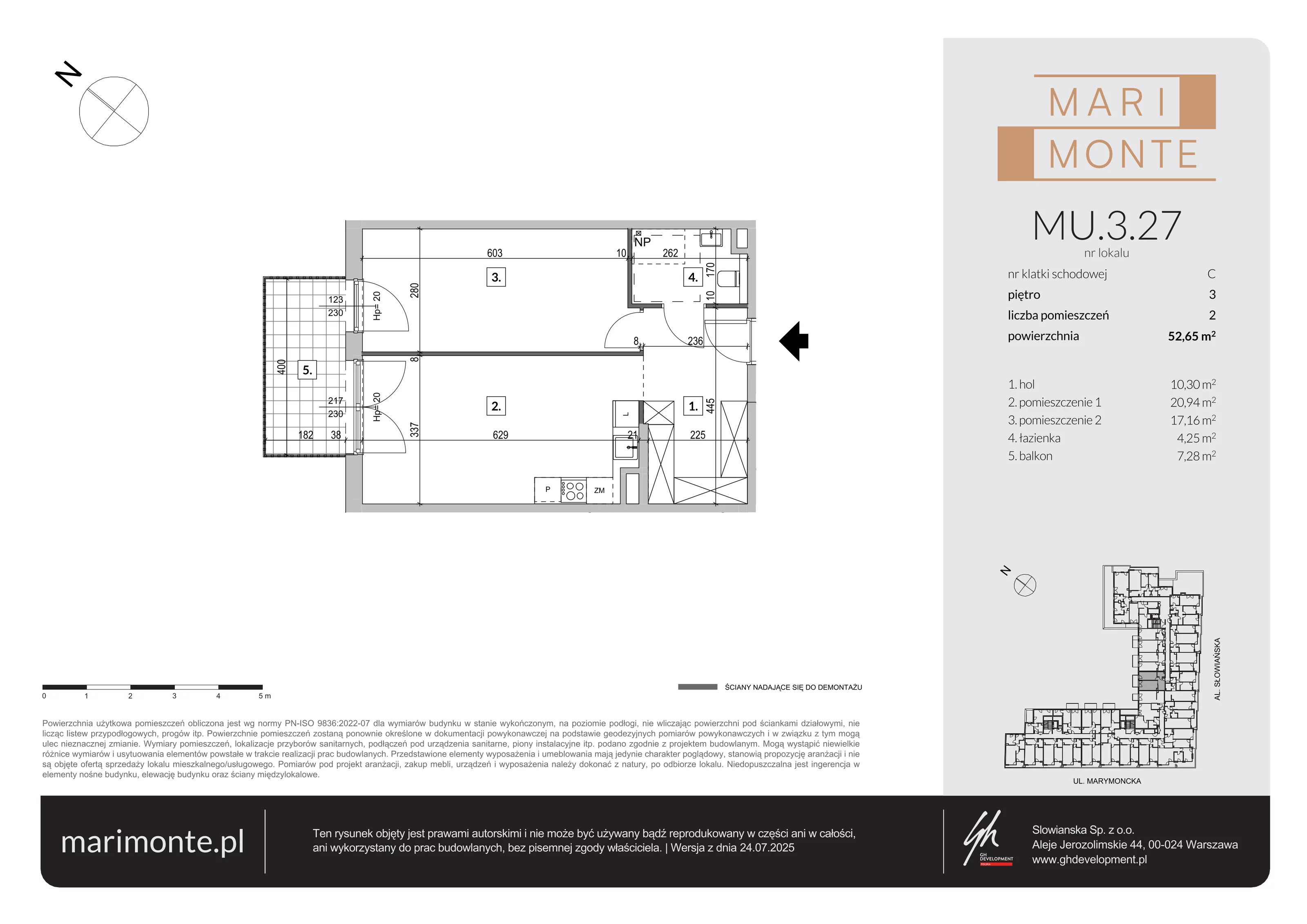 2 pokoje, apartament inwestycyjny 52,65 m², piętro 3, oferta nr MU.3.27, Marimonte, Warszawa, Bielany, Marymont-Kaskada, ul. Marymoncka 4
