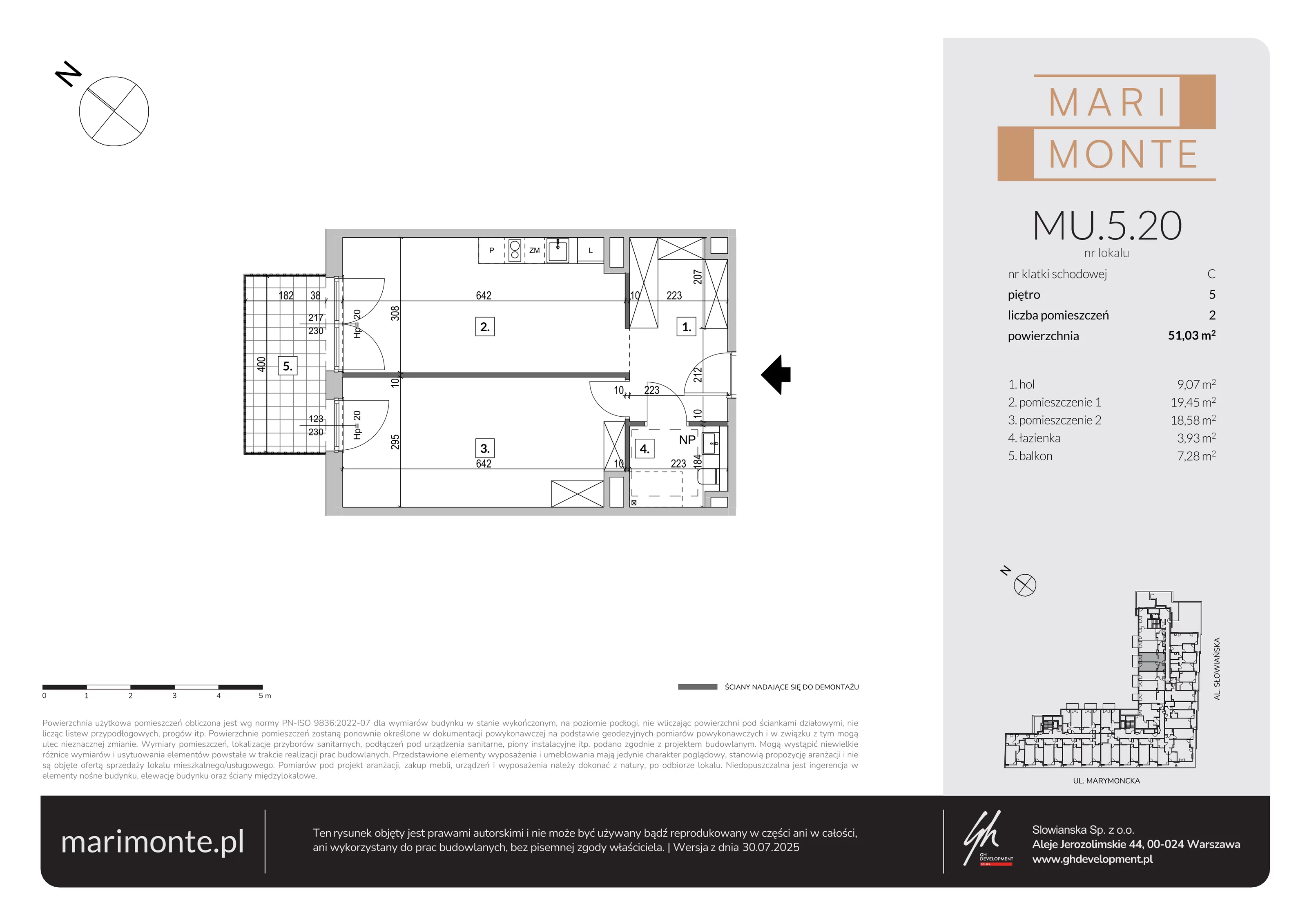 2 pokoje, apartament inwestycyjny 51,03 m², piętro 5, oferta nr MU.5.20, Marimonte, Warszawa, Bielany, Marymont-Kaskada, ul. Marymoncka 4