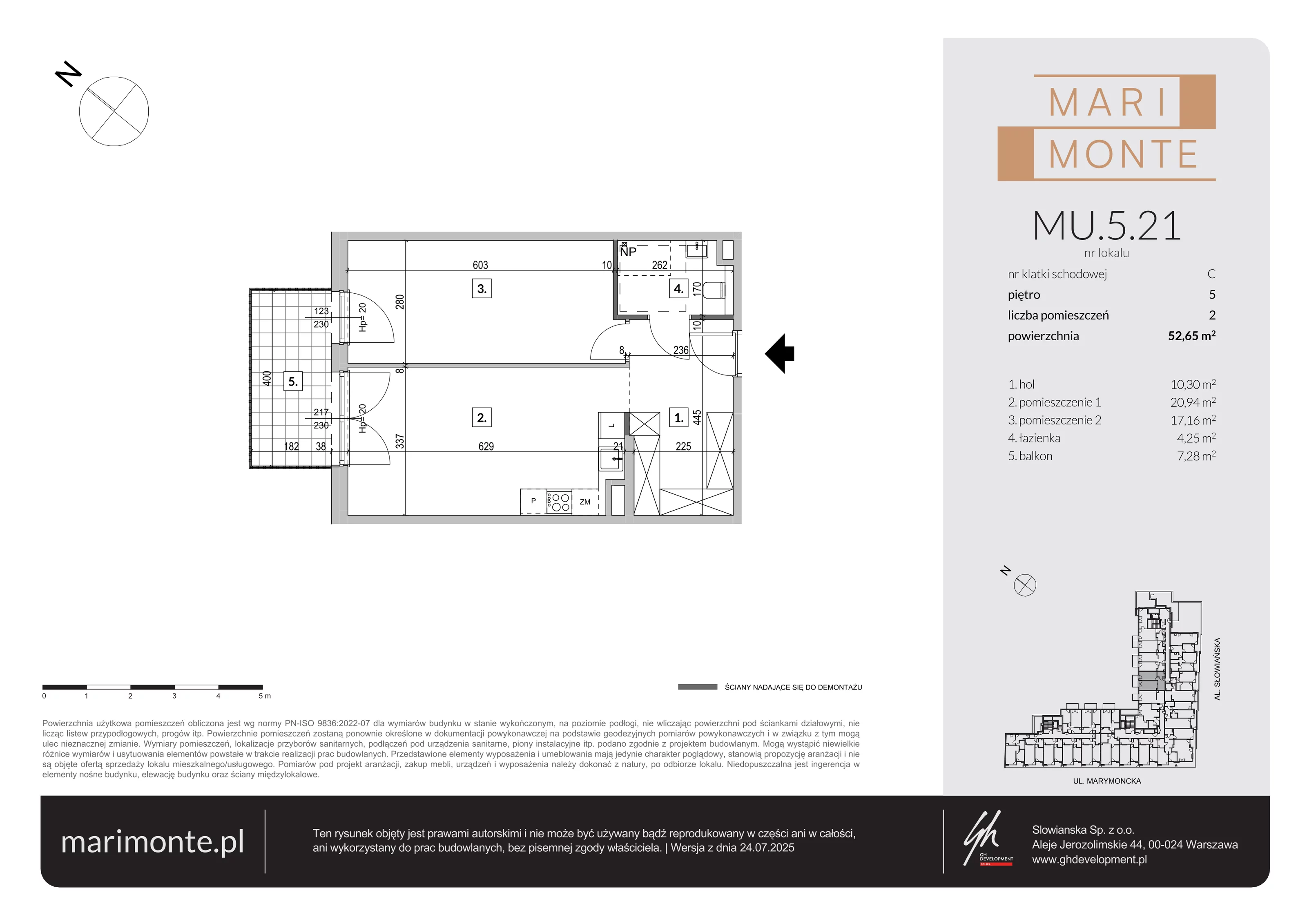 2 pokoje, apartament inwestycyjny 52,65 m², piętro 5, oferta nr MU.5.21, Marimonte, Warszawa, Bielany, Marymont-Kaskada, ul. Marymoncka 4