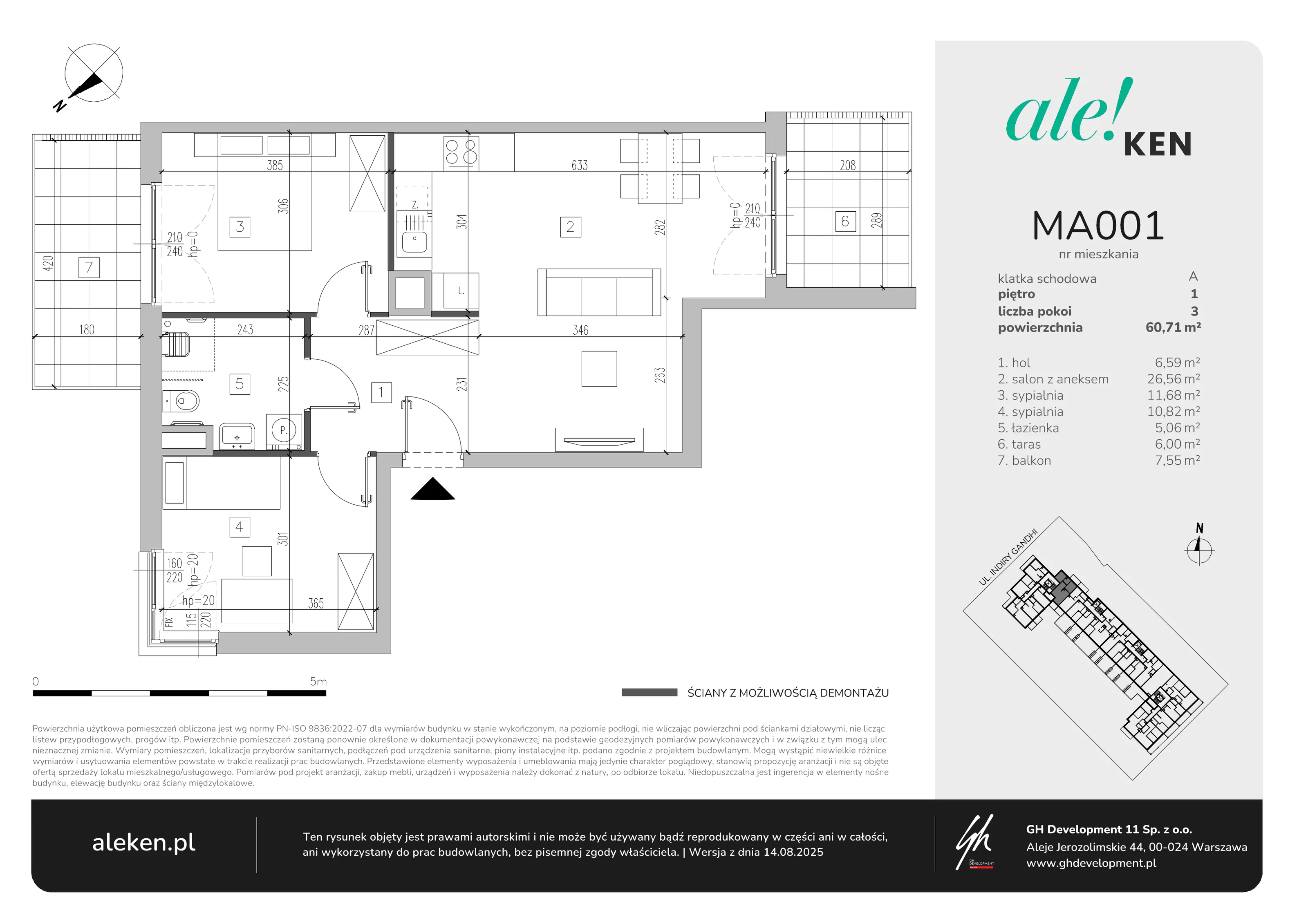 3 pokoje, mieszkanie 60,71 m², piętro 1, oferta nr MA001, ale!KEN, Warszawa, Ursynów, Ursynów Centrum, ul. Indiry Gandhi 7