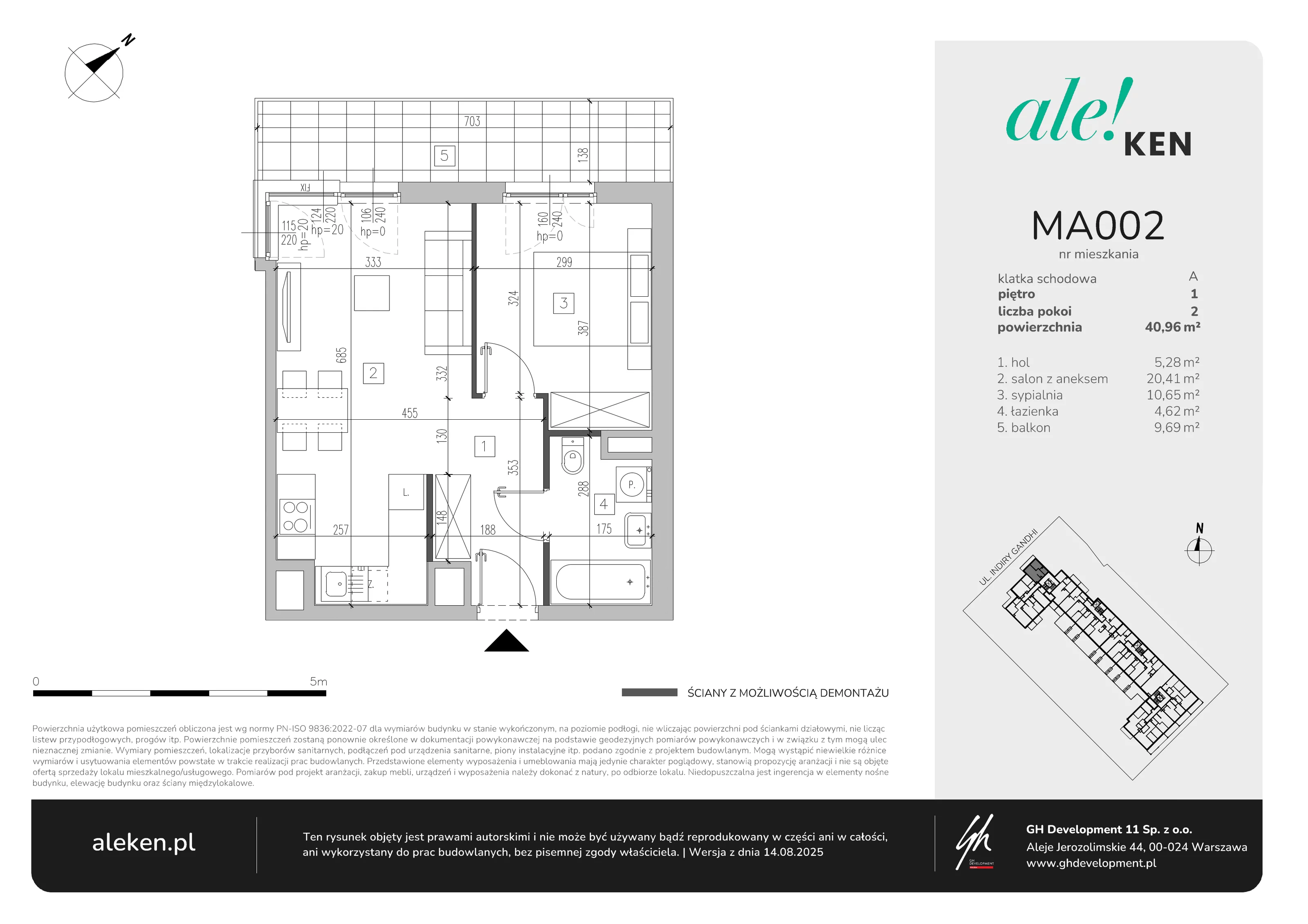 2 pokoje, mieszkanie 40,96 m², piętro 1, oferta nr MA002, ale!KEN, Warszawa, Ursynów, Ursynów Centrum, ul. Indiry Gandhi 7