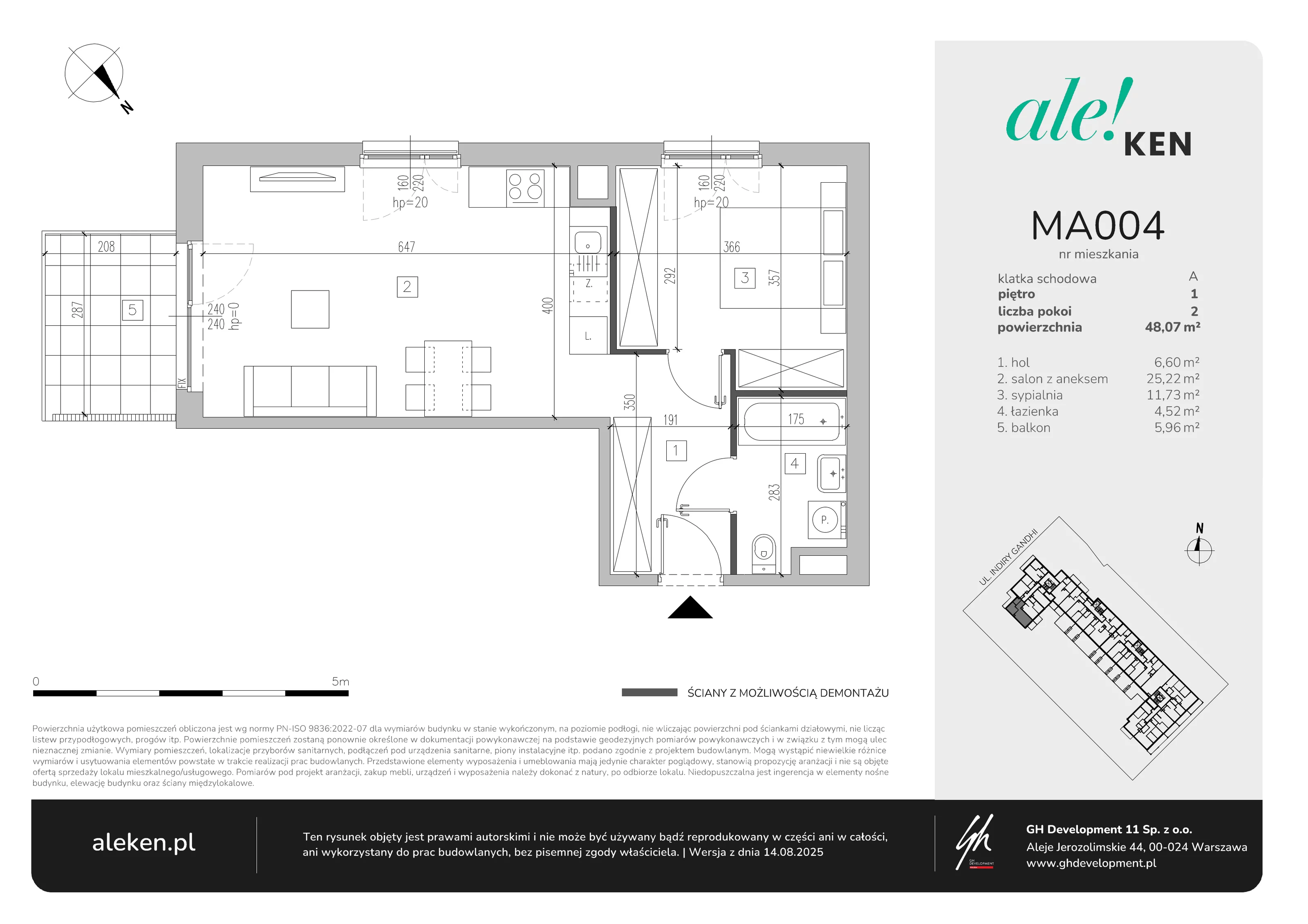 2 pokoje, mieszkanie 48,07 m², piętro 1, oferta nr MA004, ale!KEN, Warszawa, Ursynów, Ursynów Centrum, ul. Indiry Gandhi 7