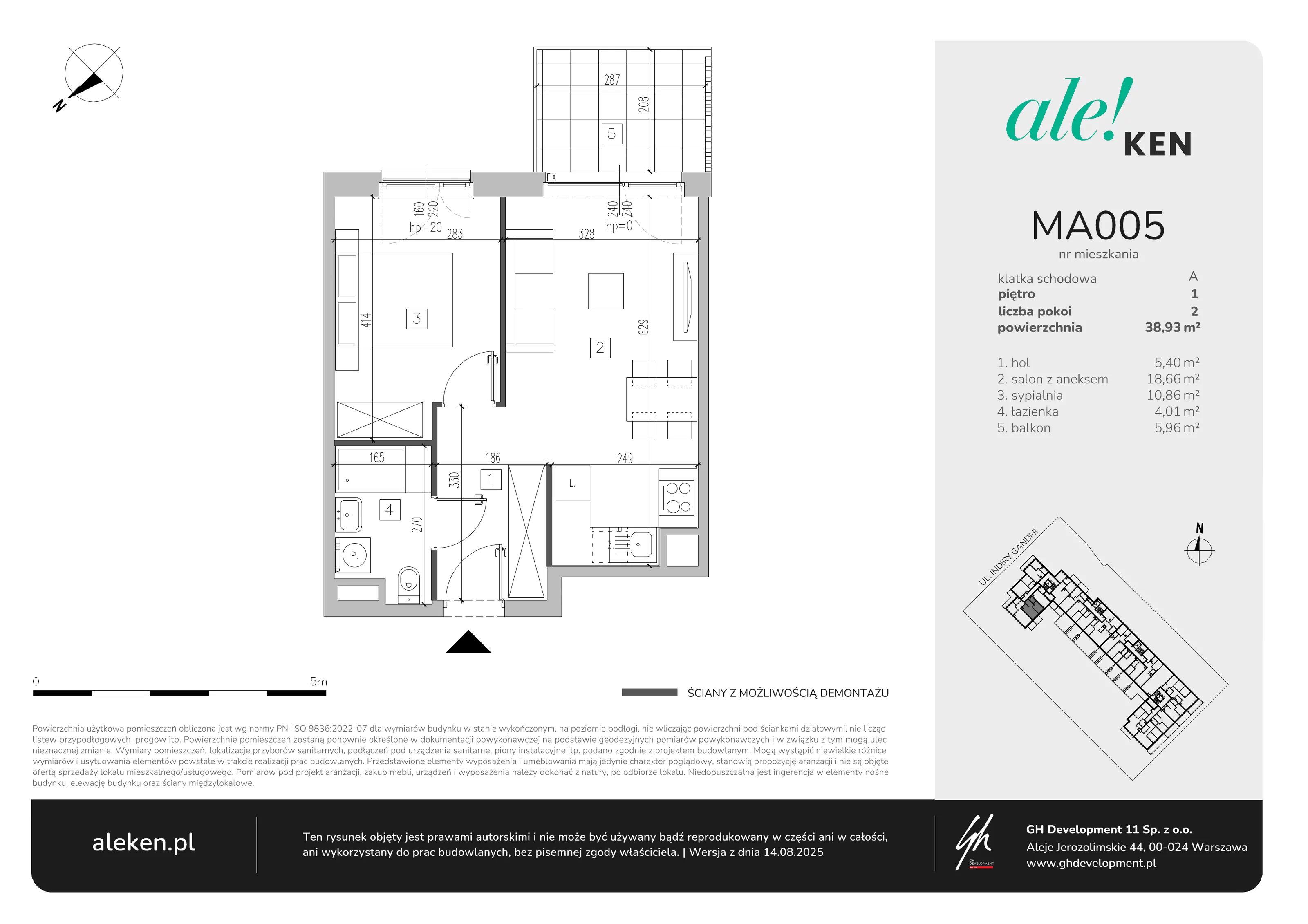 2 pokoje, mieszkanie 38,93 m², piętro 1, oferta nr MA005, ale!KEN, Warszawa, Ursynów, Ursynów Centrum, ul. Indiry Gandhi 7