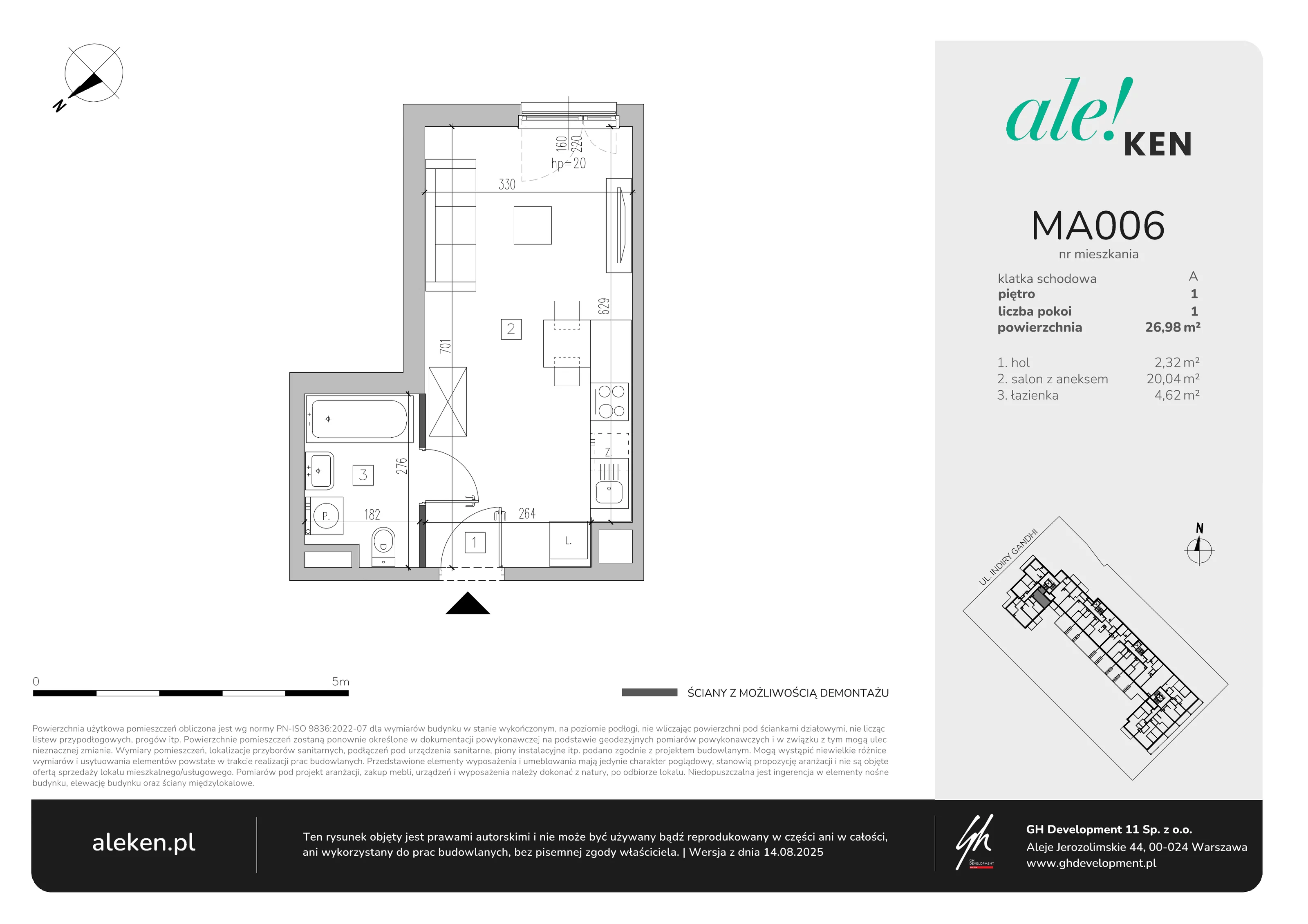 1 pokój, mieszkanie 26,98 m², piętro 1, oferta nr MA006, ale!KEN, Warszawa, Ursynów, Ursynów Centrum, ul. Indiry Gandhi 7