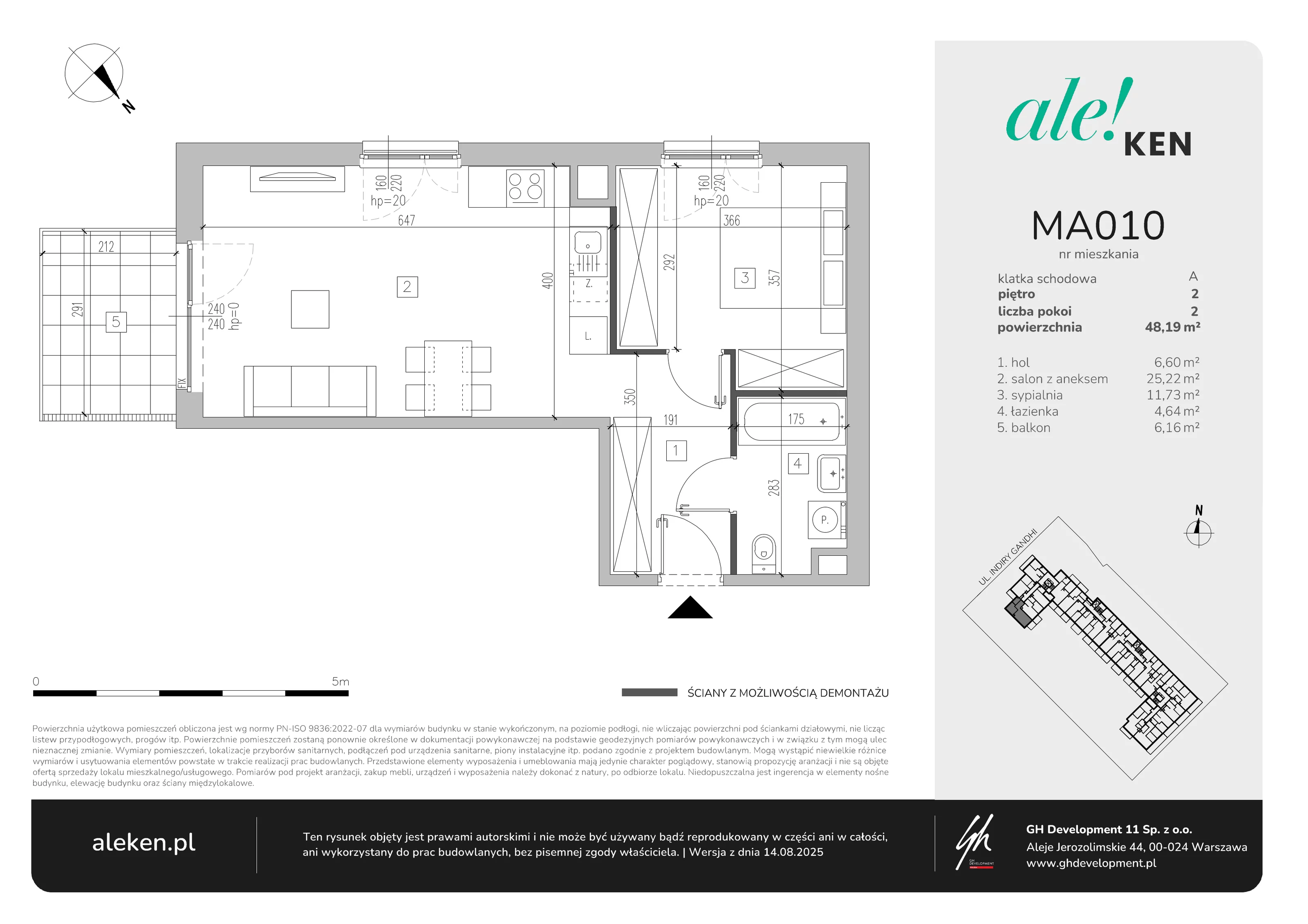 2 pokoje, mieszkanie 48,19 m², piętro 2, oferta nr MA010, ale!KEN, Warszawa, Ursynów, Ursynów Centrum, ul. Indiry Gandhi 7
