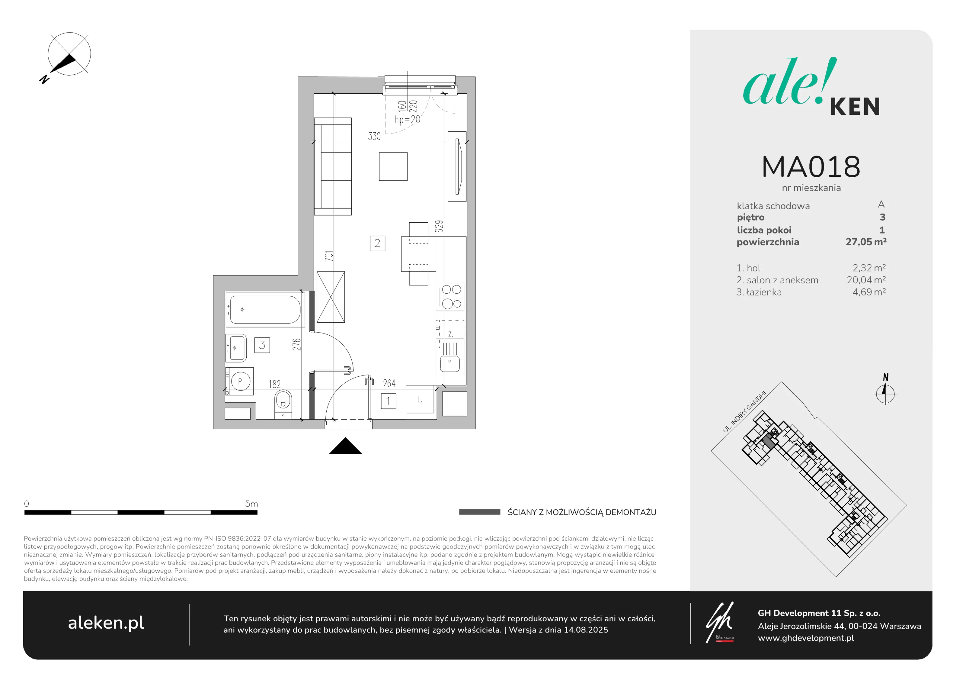 1 pokój, mieszkanie 27,05 m², piętro 3, oferta nr MA018, ale!KEN, Warszawa, Ursynów, Ursynów Centrum, ul. Indiry Gandhi 7