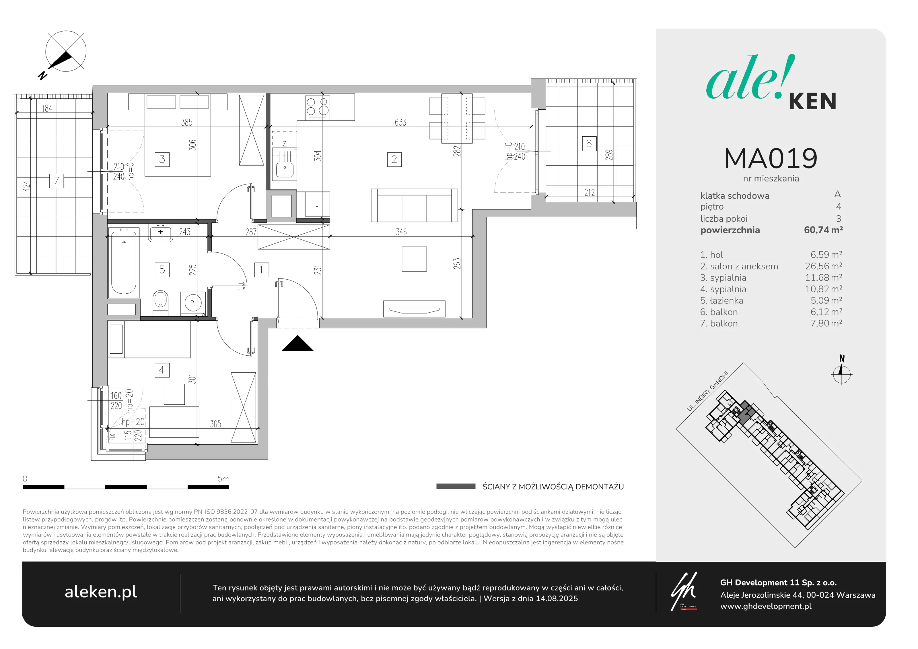 3 pokoje, mieszkanie 60,74 m², piętro 4, oferta nr MA019, ale!KEN, Warszawa, Ursynów, Ursynów Centrum, ul. Indiry Gandhi 7