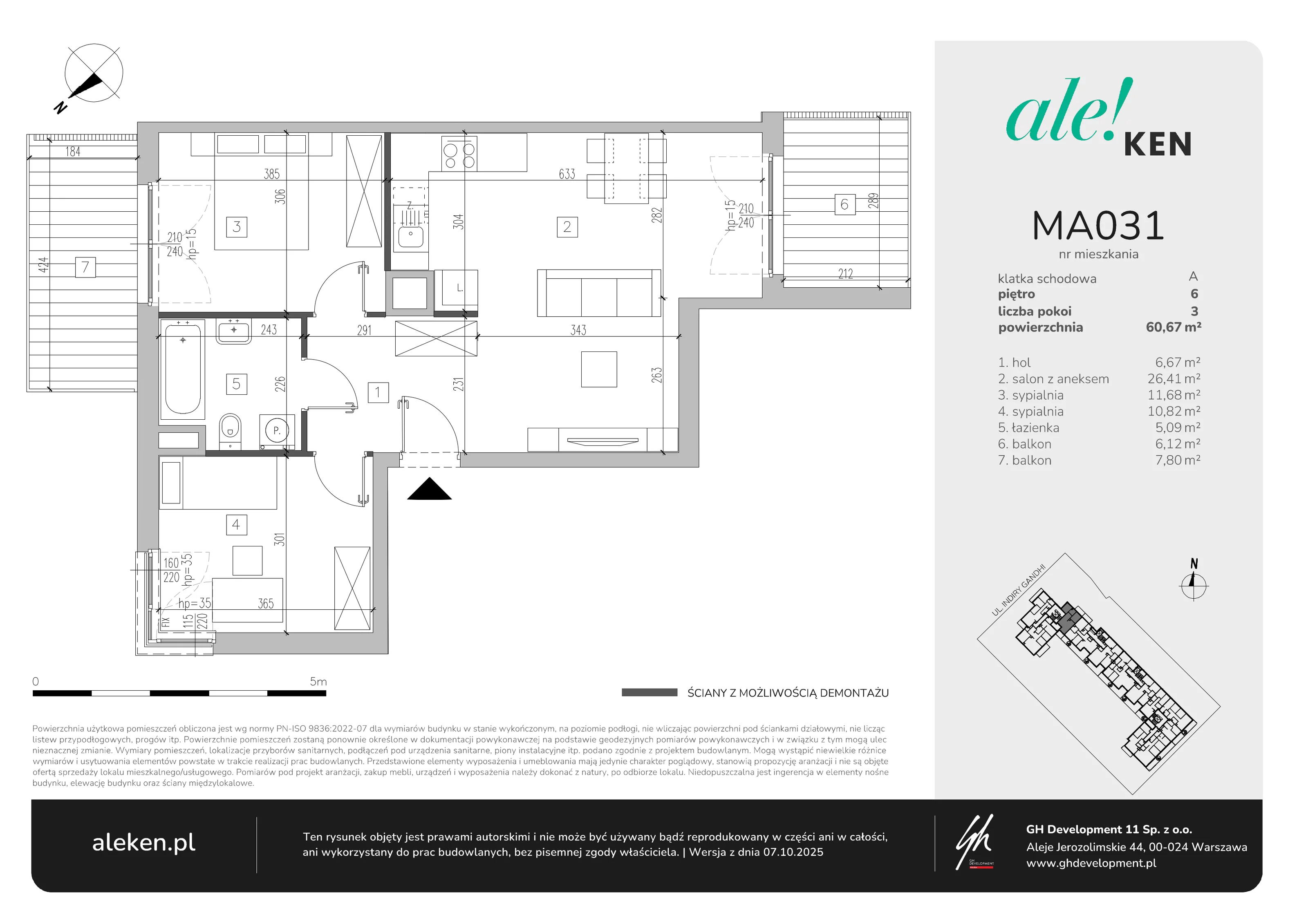 3 pokoje, mieszkanie 60,67 m², piętro 6, oferta nr MA031, ale!KEN, Warszawa, Ursynów, Ursynów Centrum, ul. Indiry Gandhi 7