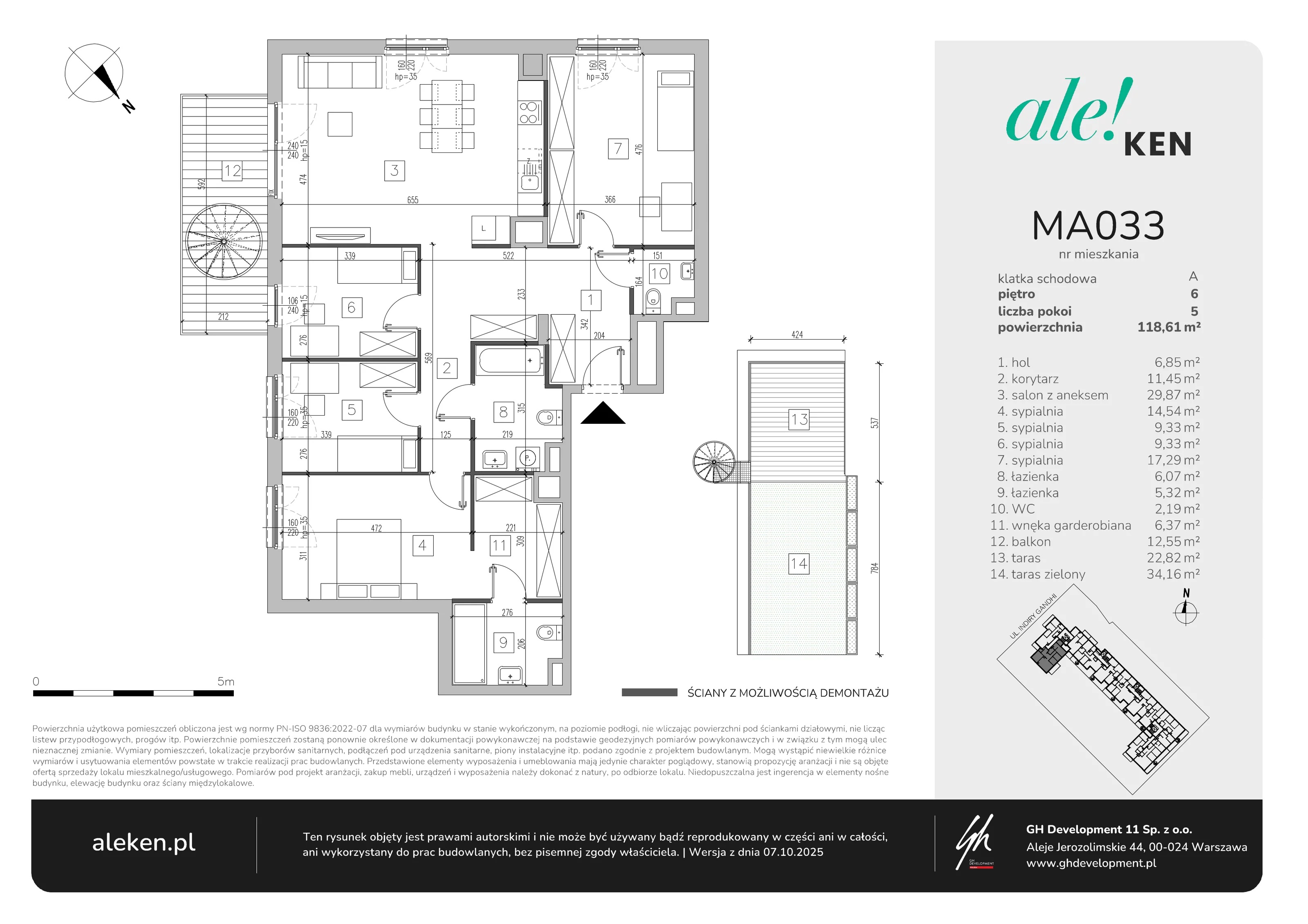 5 pokoi, mieszkanie 118,61 m², piętro 6, oferta nr MA033, ale!KEN, Warszawa, Ursynów, Ursynów Centrum, ul. Indiry Gandhi 7