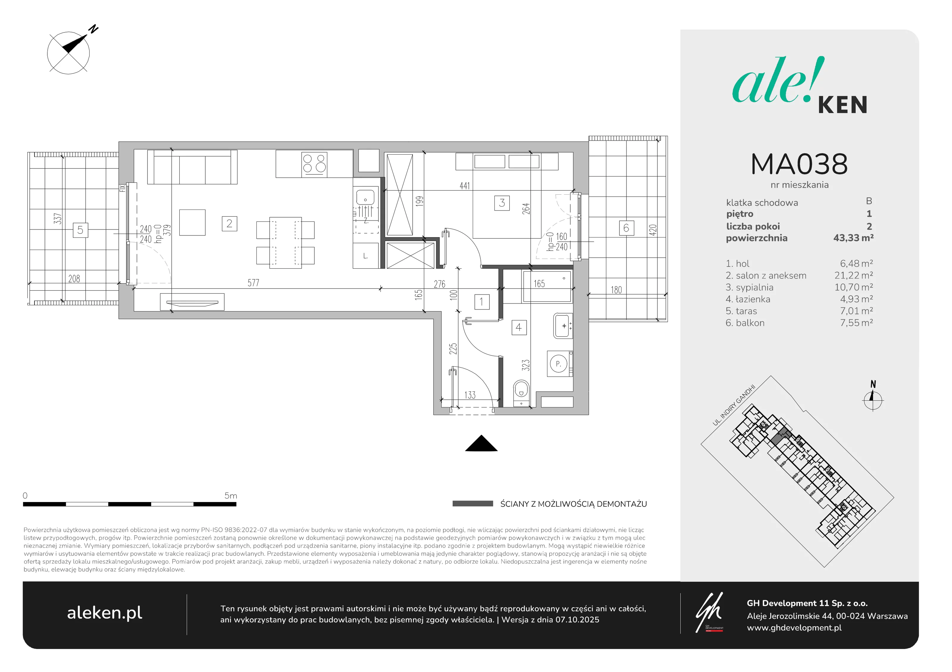 2 pokoje, mieszkanie 43,33 m², piętro 1, oferta nr MA038, ale!KEN, Warszawa, Ursynów, Ursynów Centrum, ul. Indiry Gandhi 7