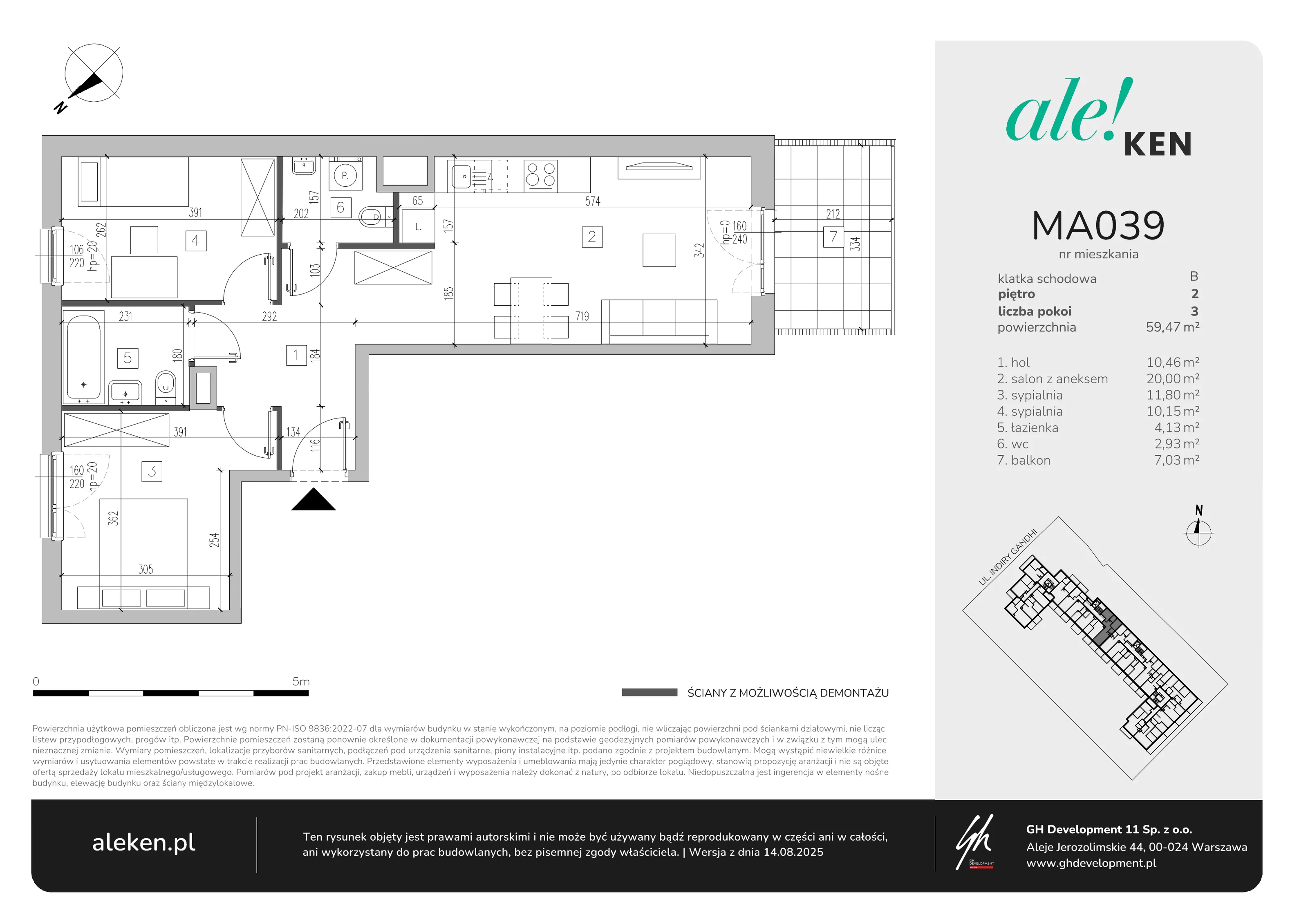 3 pokoje, mieszkanie 59,47 m², piętro 2, oferta nr MA039, ale!KEN, Warszawa, Ursynów, Ursynów Centrum, ul. Indiry Gandhi 7