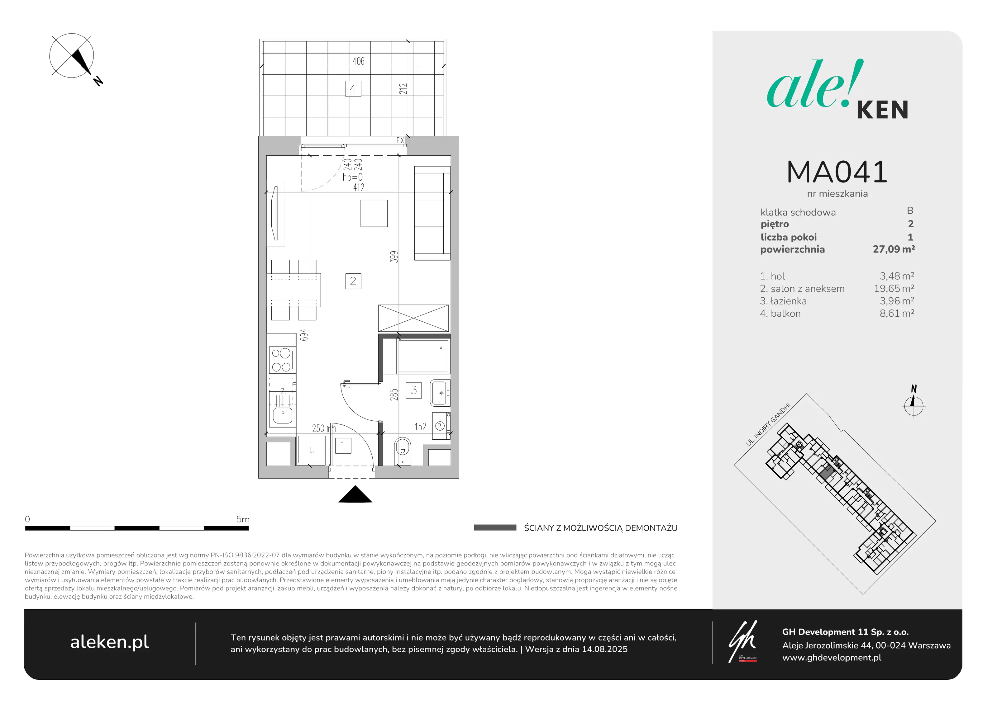 1 pokój, mieszkanie 27,09 m², piętro 2, oferta nr MA041, ale!KEN, Warszawa, Ursynów, Ursynów Centrum, ul. Indiry Gandhi 7