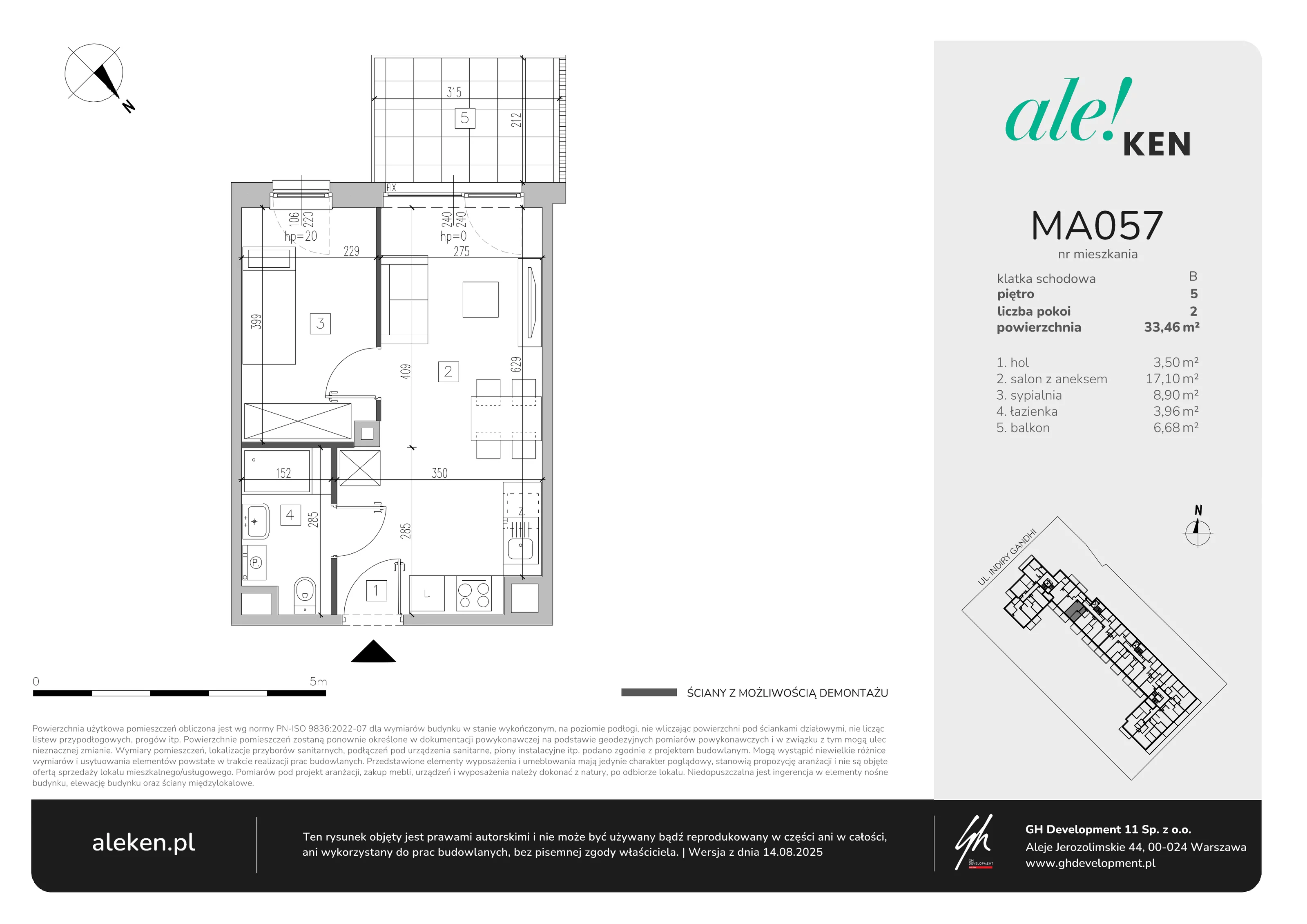 2 pokoje, mieszkanie 33,46 m², piętro 5, oferta nr MA057, ale!KEN, Warszawa, Ursynów, Ursynów Centrum, ul. Indiry Gandhi 7