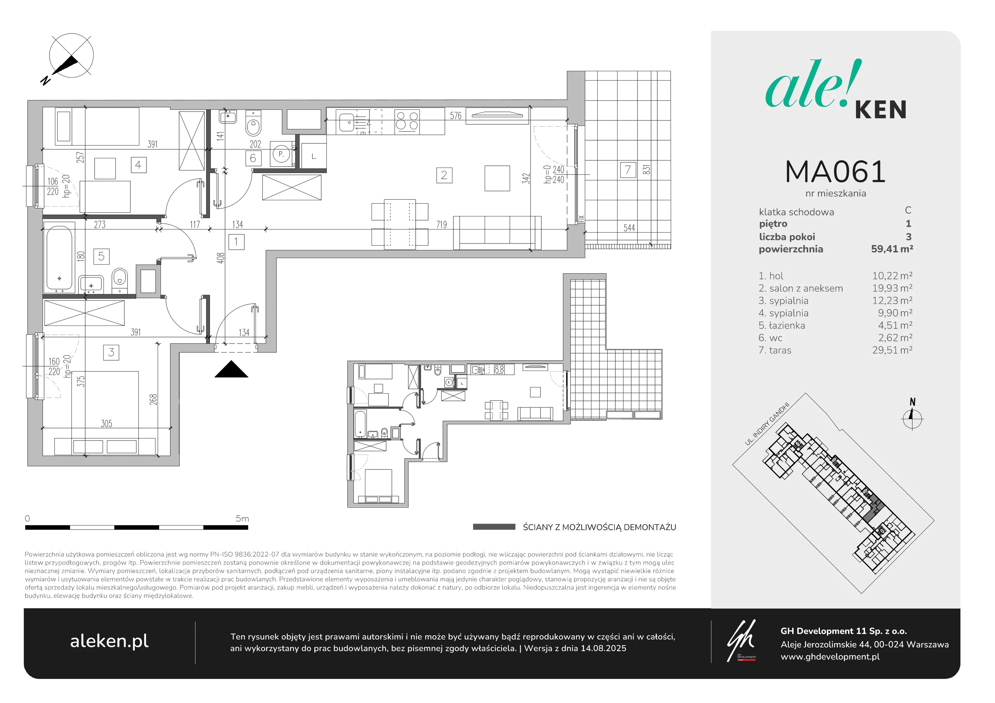 3 pokoje, mieszkanie 59,41 m², piętro 1, oferta nr MA061, ale!KEN, Warszawa, Ursynów, Ursynów Centrum, ul. Indiry Gandhi 7