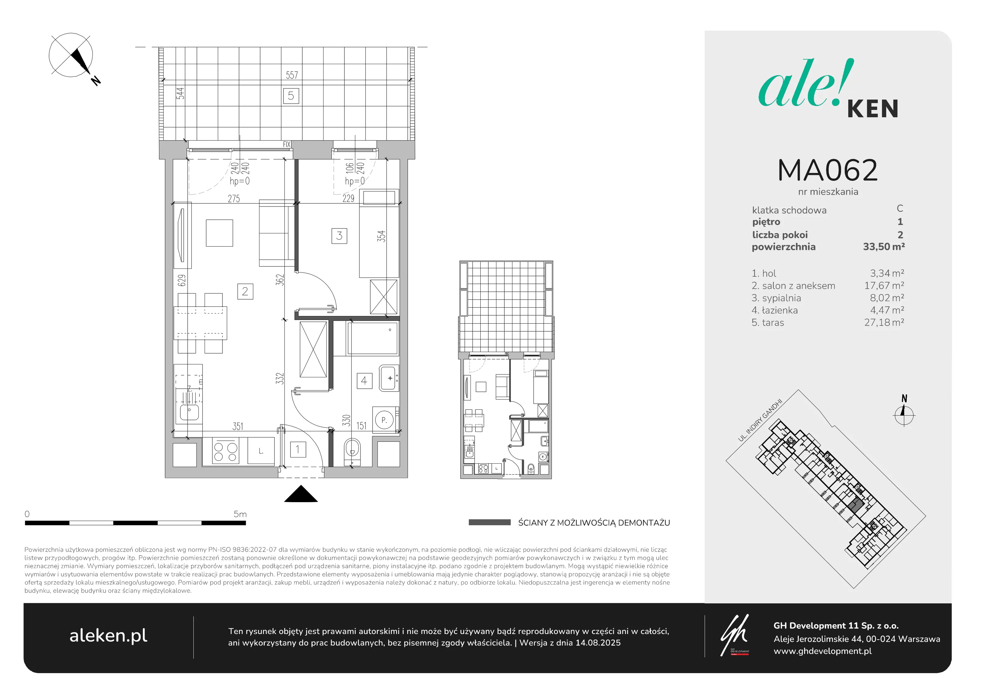 2 pokoje, mieszkanie 33,50 m², piętro 1, oferta nr MA062, ale!KEN, Warszawa, Ursynów, Ursynów Centrum, ul. Indiry Gandhi 7
