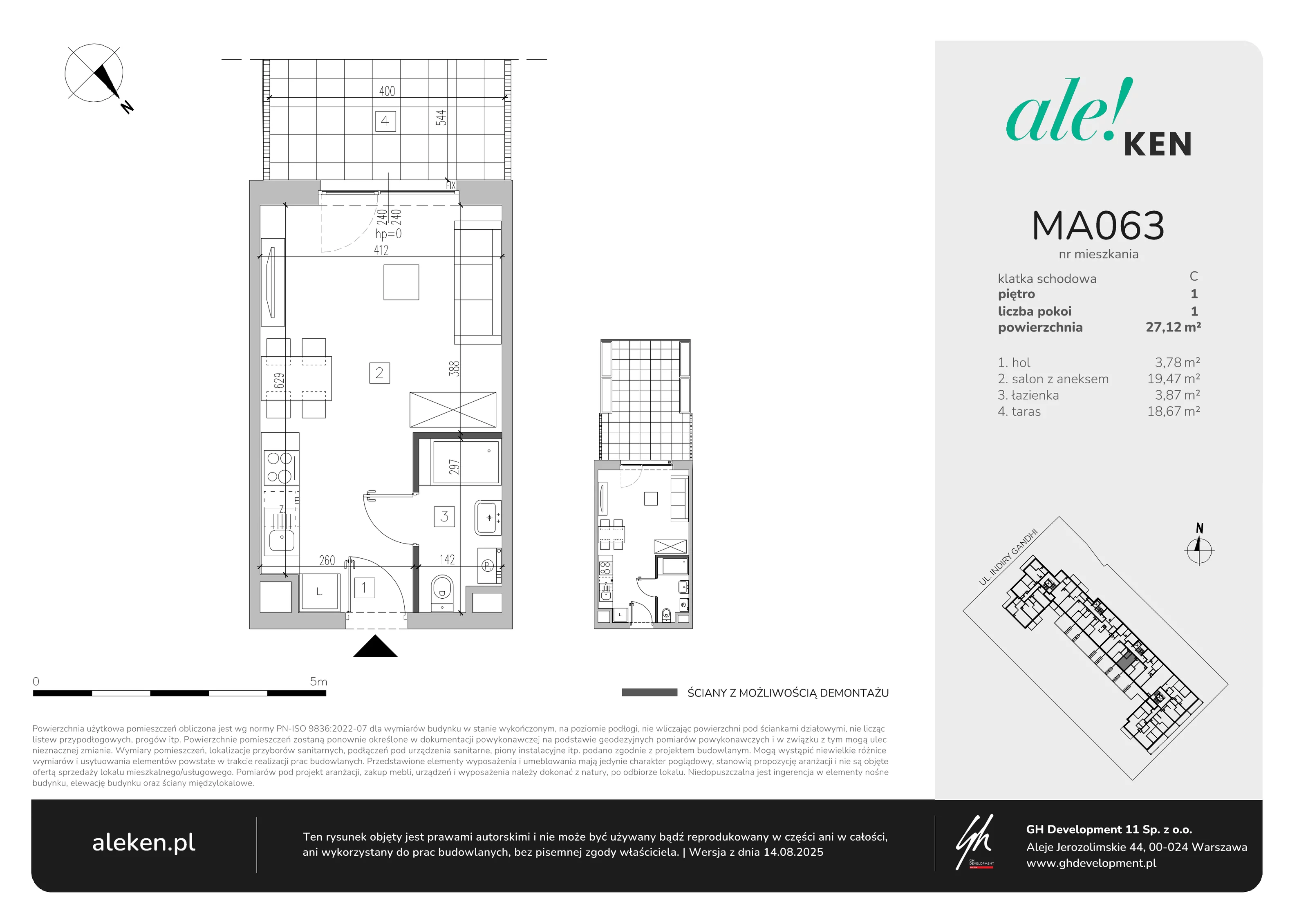 1 pokój, mieszkanie 27,12 m², piętro 1, oferta nr MA063, ale!KEN, Warszawa, Ursynów, Ursynów Centrum, ul. Indiry Gandhi 7