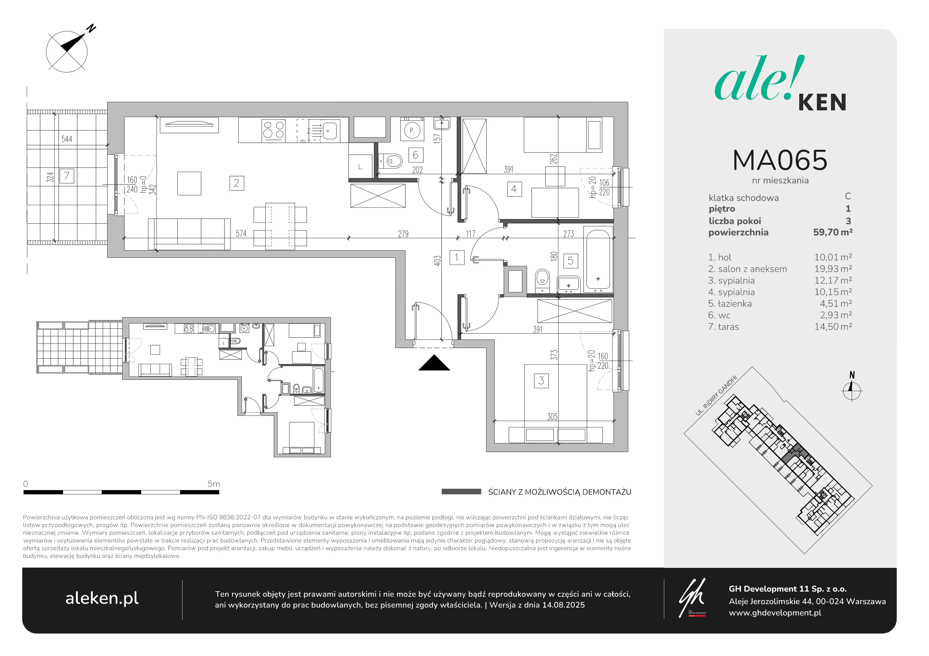 3 pokoje, mieszkanie 59,70 m², piętro 1, oferta nr MA065, ale!KEN, Warszawa, Ursynów, Ursynów Centrum, ul. Indiry Gandhi 7
