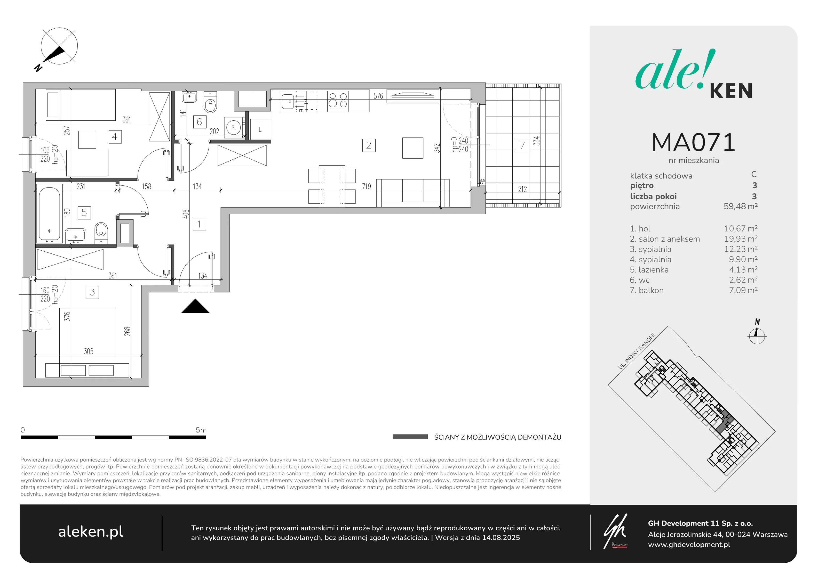 3 pokoje, mieszkanie 59,48 m², piętro 3, oferta nr MA071, ale!KEN, Warszawa, Ursynów, Ursynów Centrum, ul. Indiry Gandhi 7