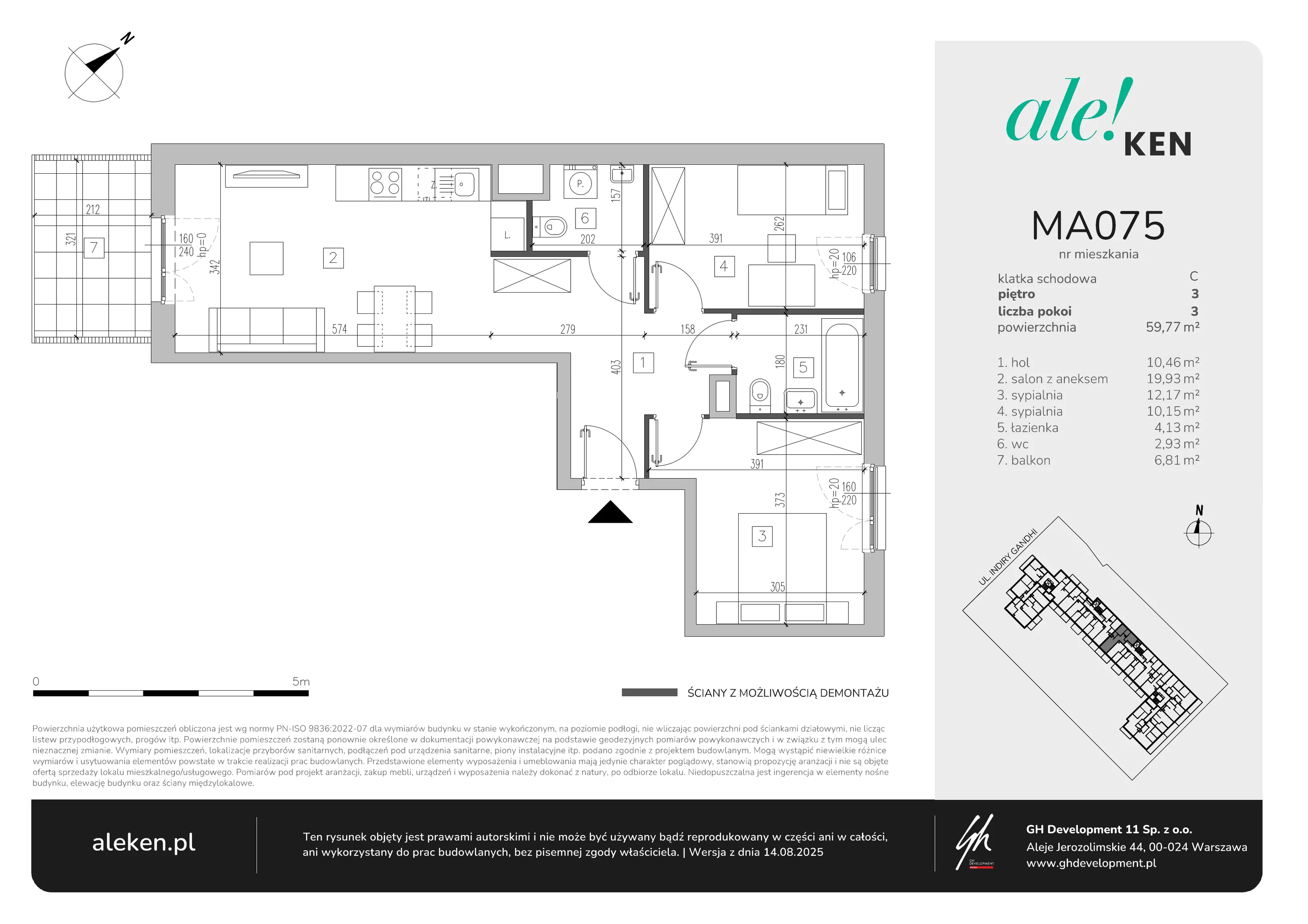 3 pokoje, mieszkanie 59,77 m², piętro 3, oferta nr MA075, ale!KEN, Warszawa, Ursynów, Ursynów Centrum, ul. Indiry Gandhi 7