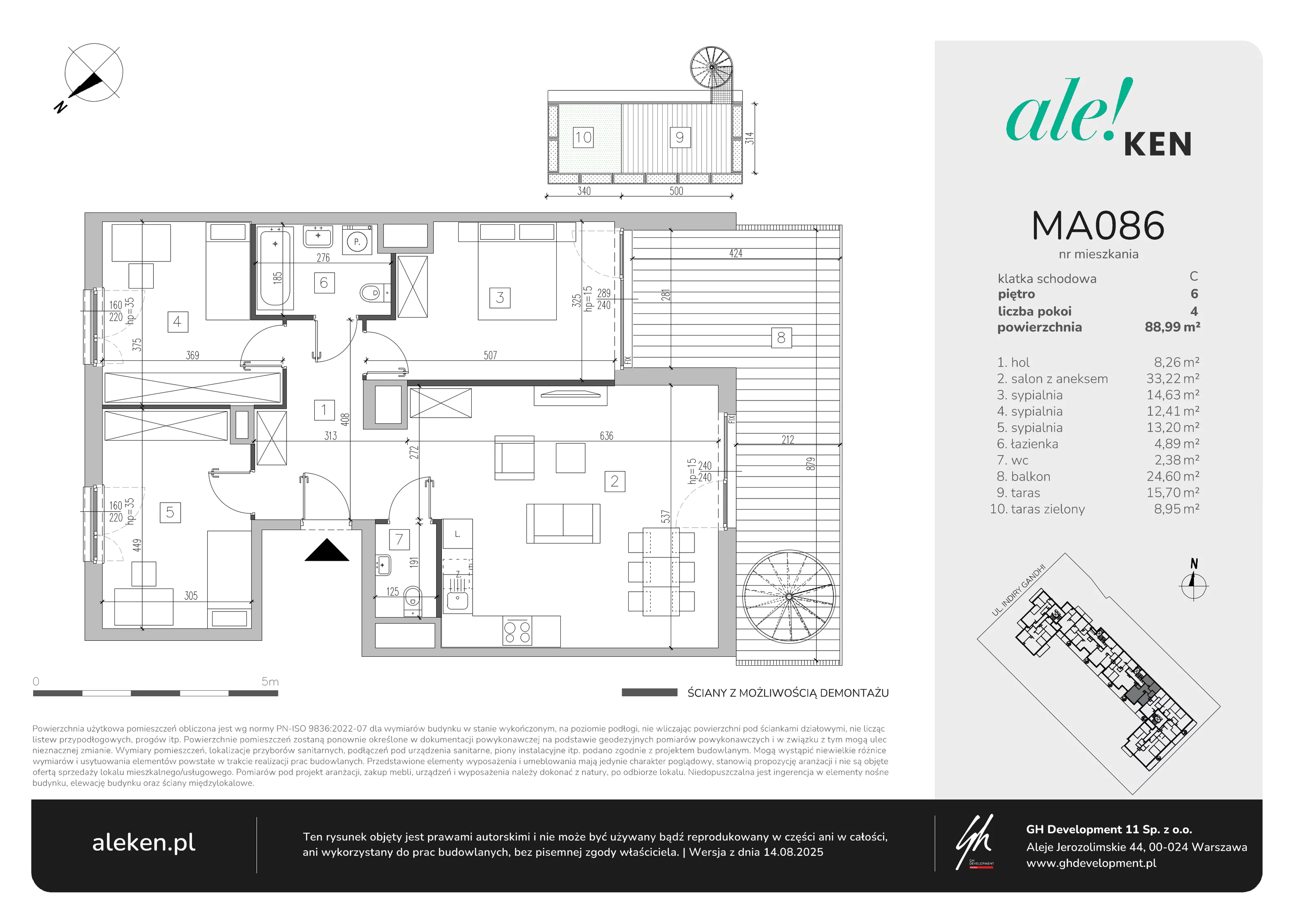 4 pokoje, mieszkanie 88,99 m², piętro 6, oferta nr MA086, ale!KEN, Warszawa, Ursynów, Ursynów Centrum, ul. Indiry Gandhi 7