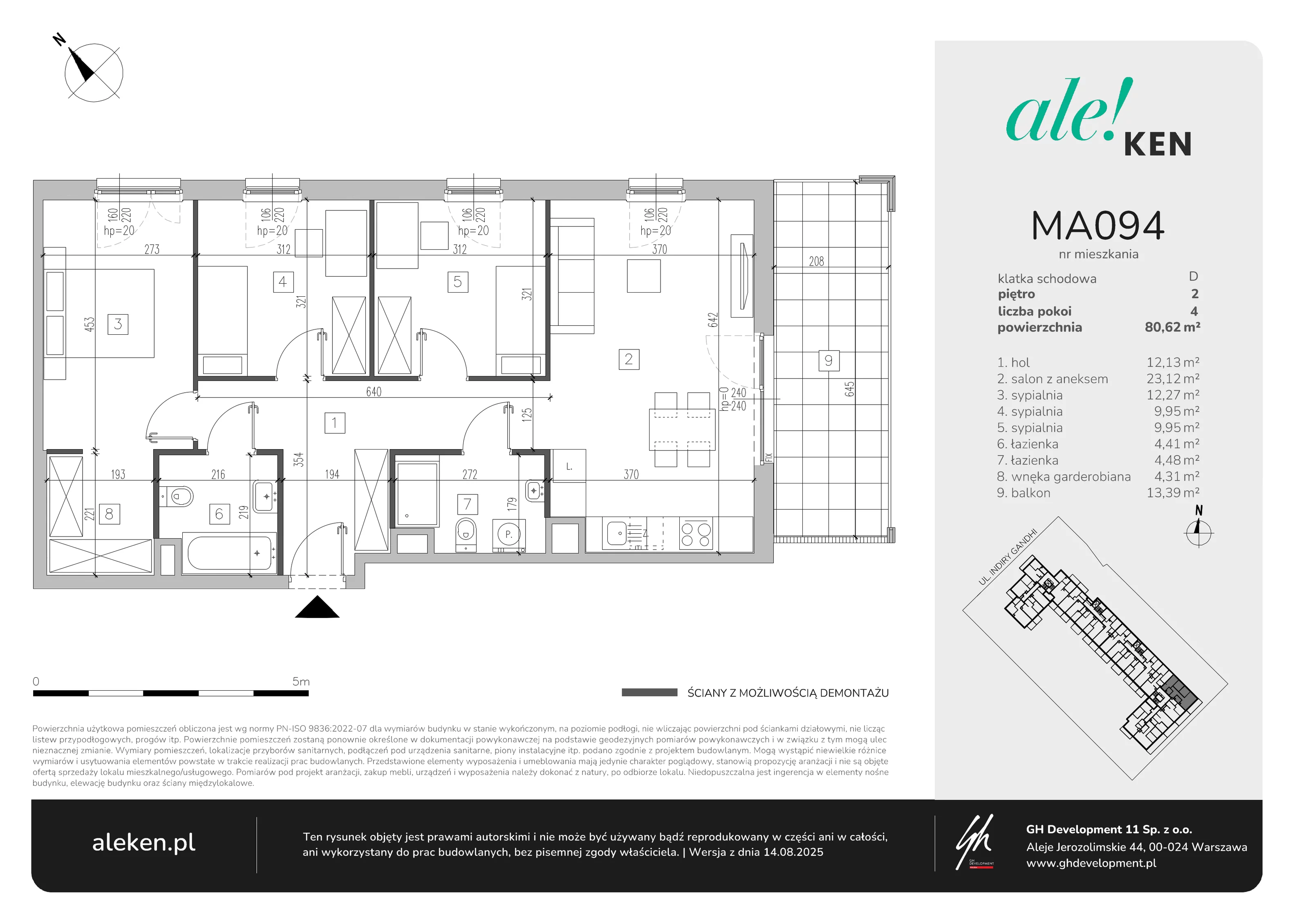 4 pokoje, mieszkanie 80,62 m², piętro 2, oferta nr MA094, ale!KEN, Warszawa, Ursynów, Ursynów Centrum, ul. Indiry Gandhi 7