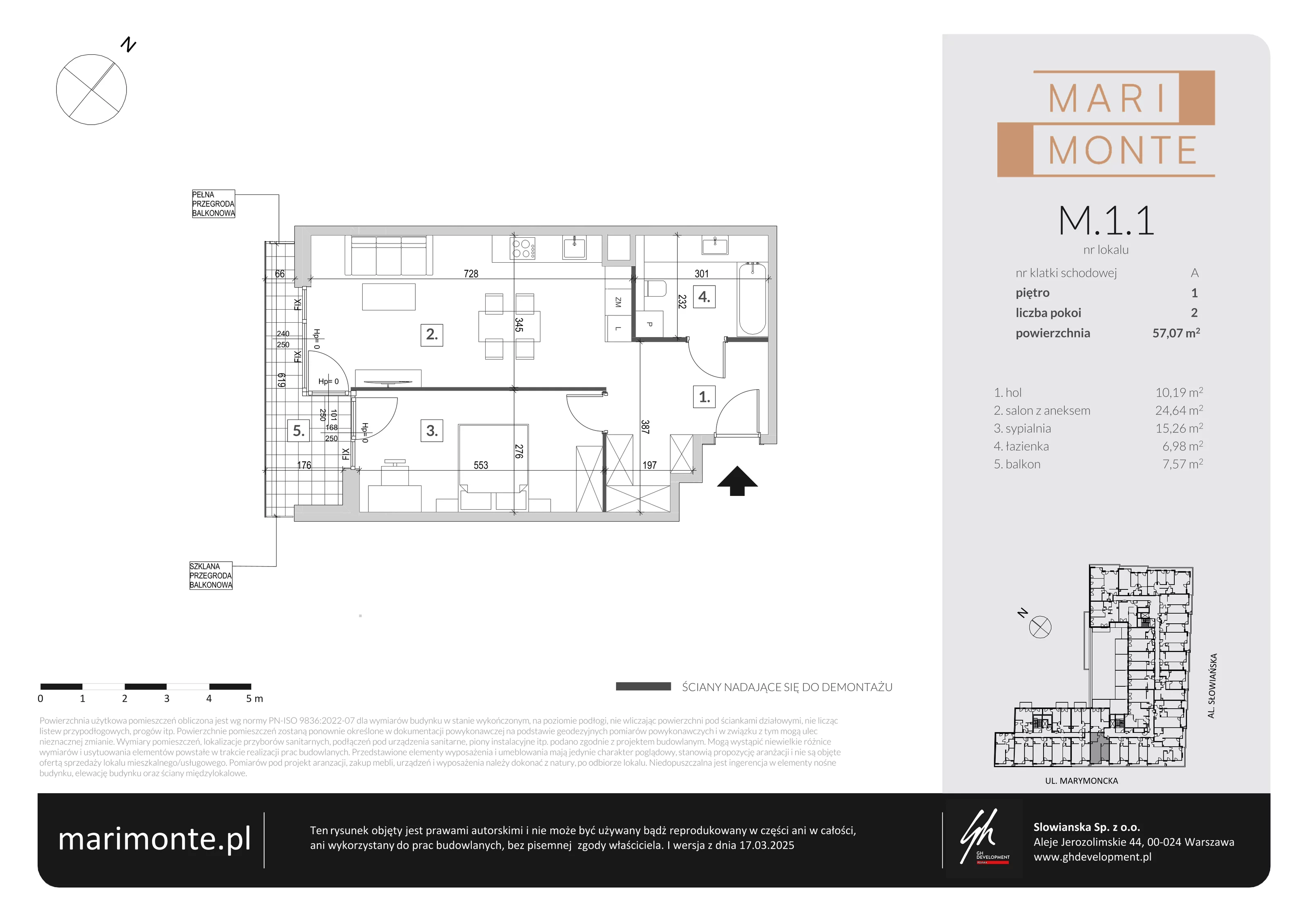 2 pokoje, apartament 57,07 m², piętro 1, oferta nr M.1.1, Marimonte - Apartamenty Mieszkalne, Warszawa, Bielany, Marymont-Kaskada, ul. Marymoncka 4