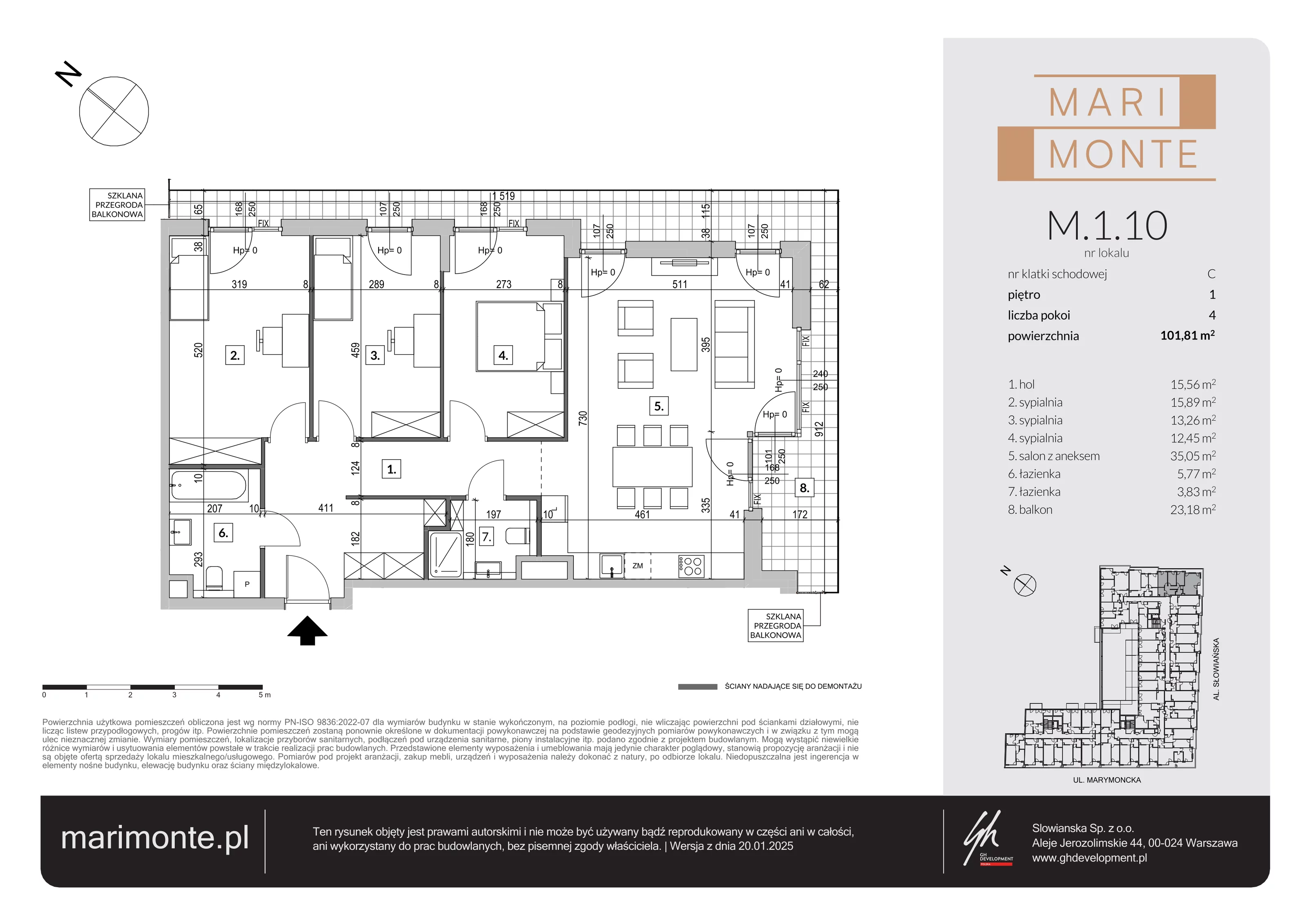 4 pokoje, apartament 101,81 m², piętro 1, oferta nr M.1.10, Marimonte - Apartamenty Mieszkalne, Warszawa, Bielany, Marymont-Kaskada, ul. Marymoncka 4
