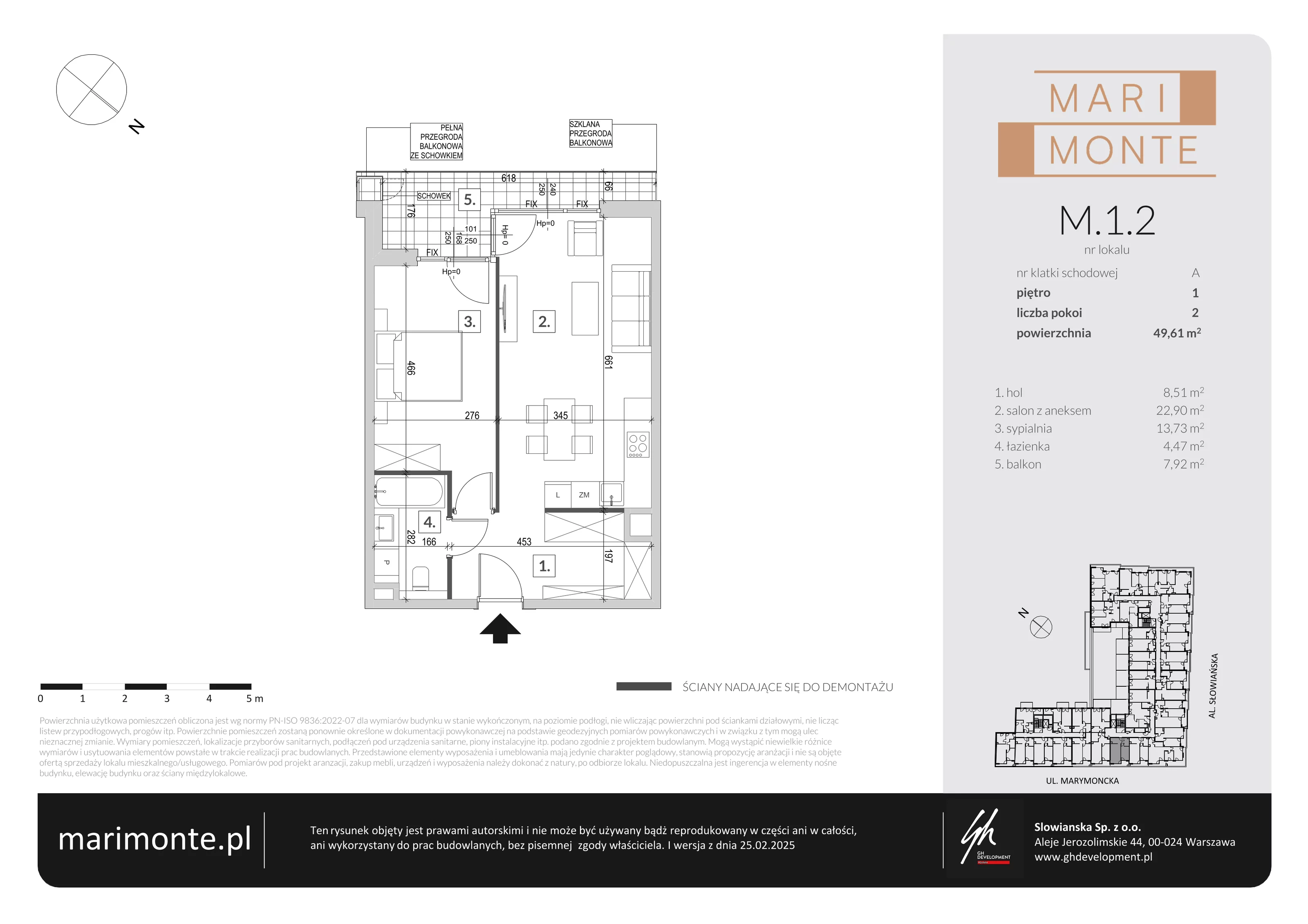 2 pokoje, apartament 49,61 m², piętro 1, oferta nr M.1.2, Marimonte - Apartamenty Mieszkalne, Warszawa, Bielany, Marymont-Kaskada, ul. Marymoncka 4