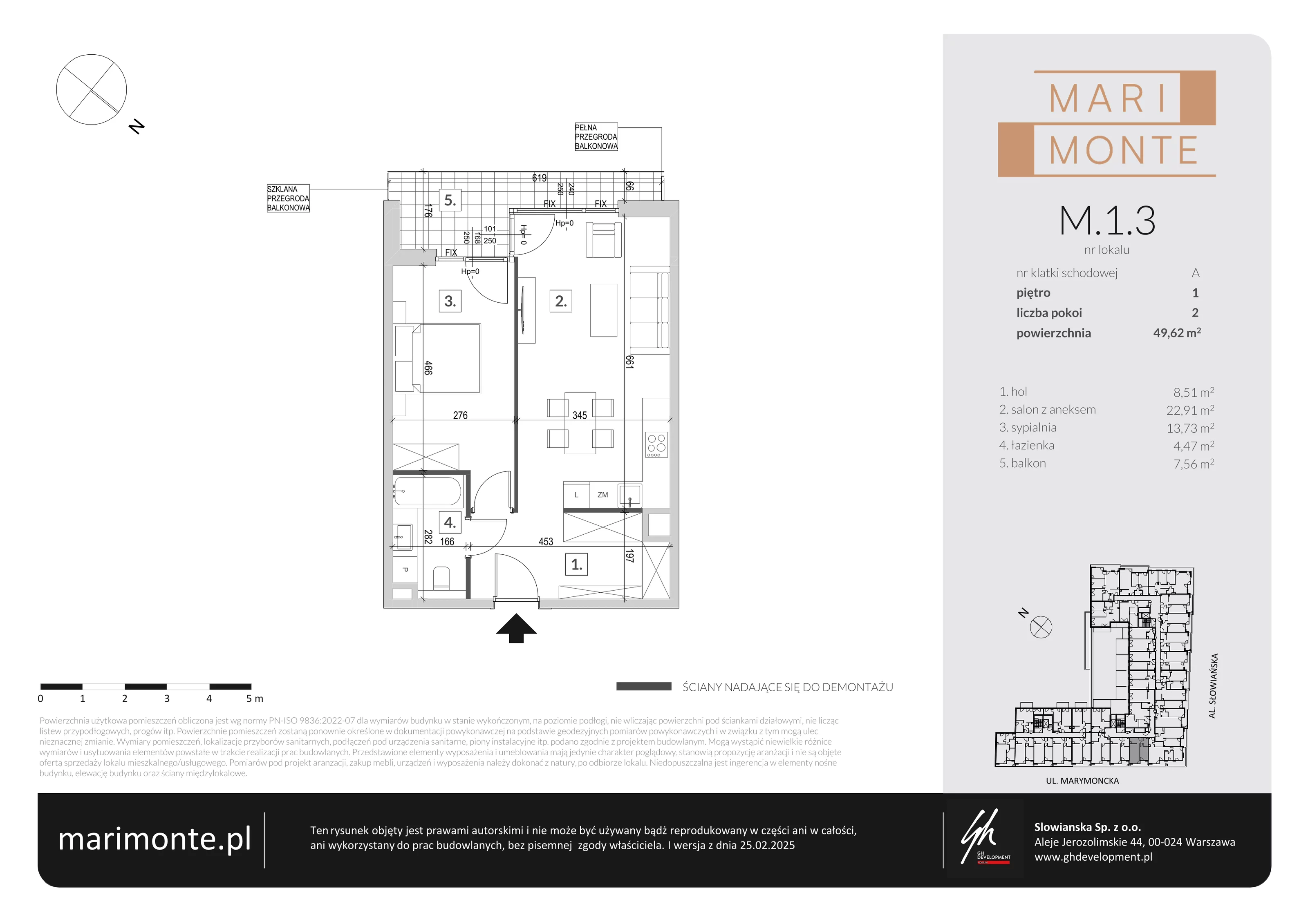 2 pokoje, apartament 49,62 m², piętro 1, oferta nr M.1.3, Marimonte - Apartamenty Mieszkalne, Warszawa, Bielany, Marymont-Kaskada, ul. Marymoncka 4