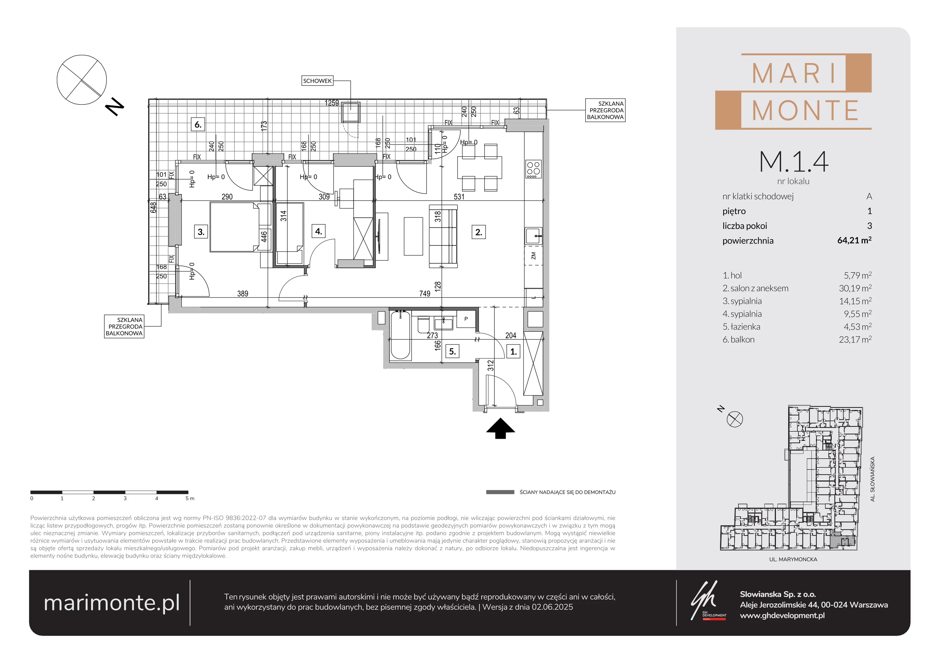 3 pokoje, apartament 64,21 m², piętro 1, oferta nr M.1.4, Marimonte - Apartamenty Mieszkalne, Warszawa, Bielany, Marymont-Kaskada, ul. Marymoncka 4