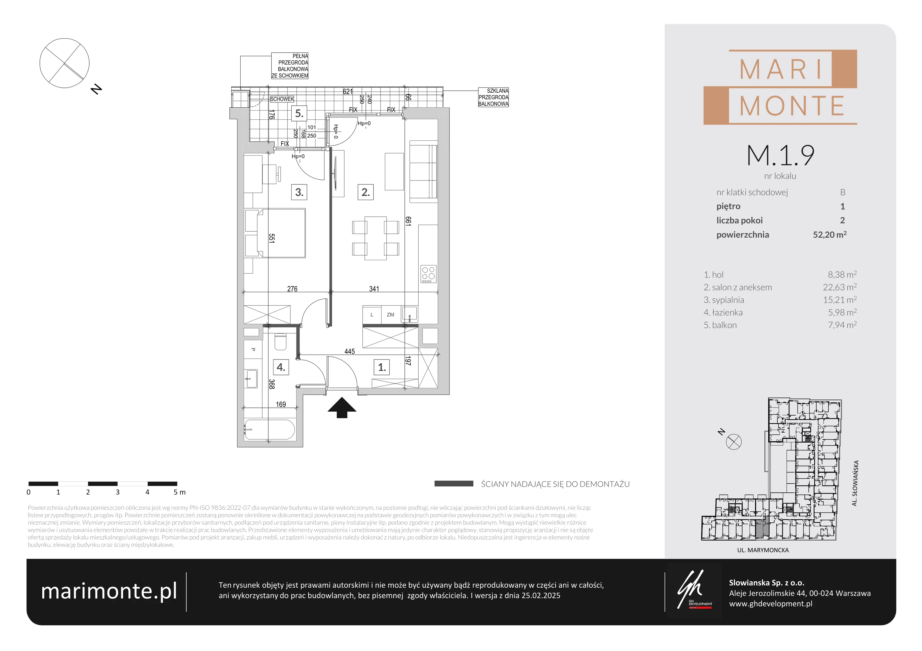 2 pokoje, apartament 52,20 m², piętro 1, oferta nr M.1.9, Marimonte - Apartamenty Mieszkalne, Warszawa, Bielany, Marymont-Kaskada, ul. Marymoncka 4